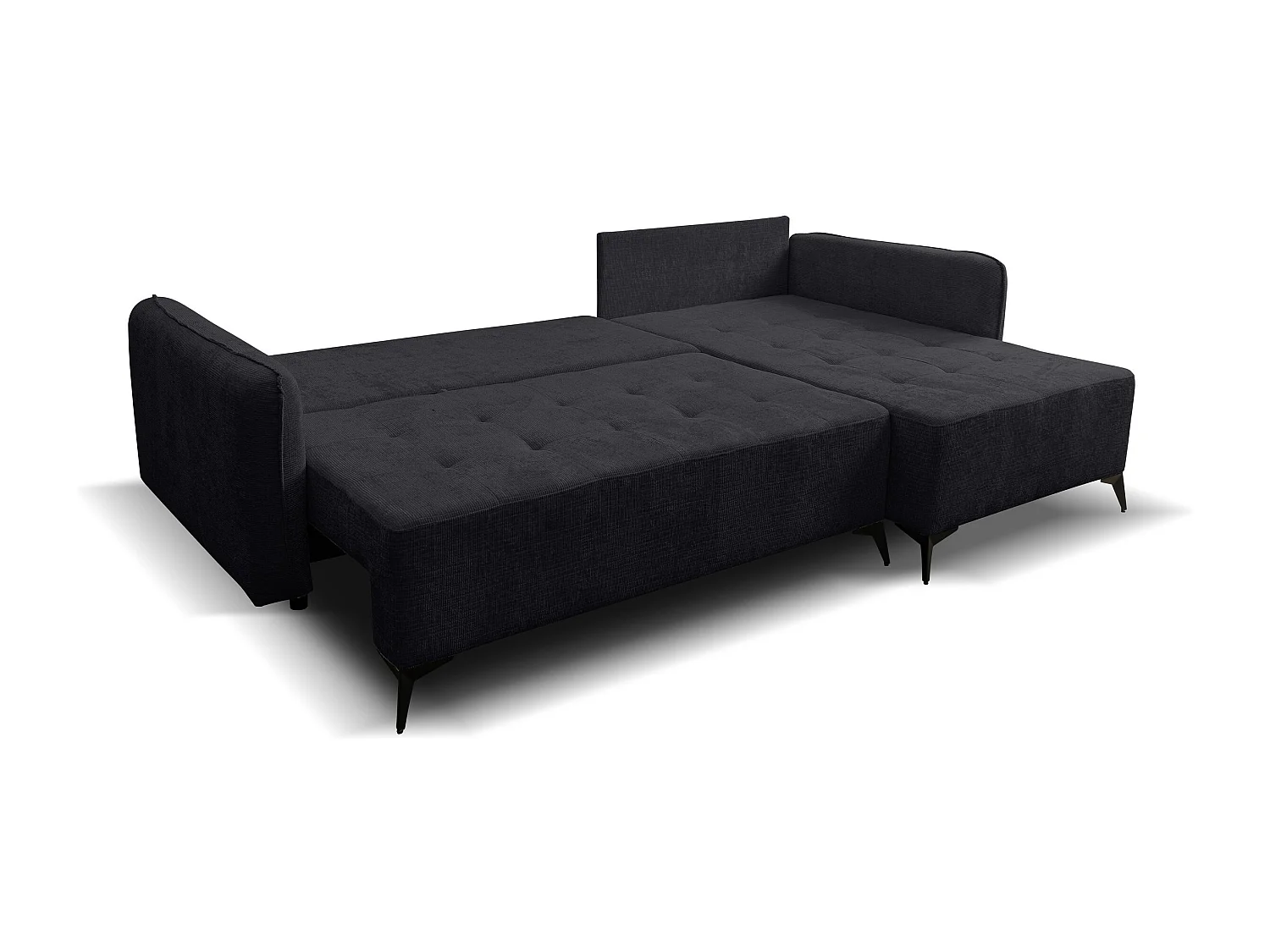 Canapé d'angle Lucky avec fonction couchage et coffre de rangement, couleur : noir, tissu structuré, pouf à gauche ou à droite