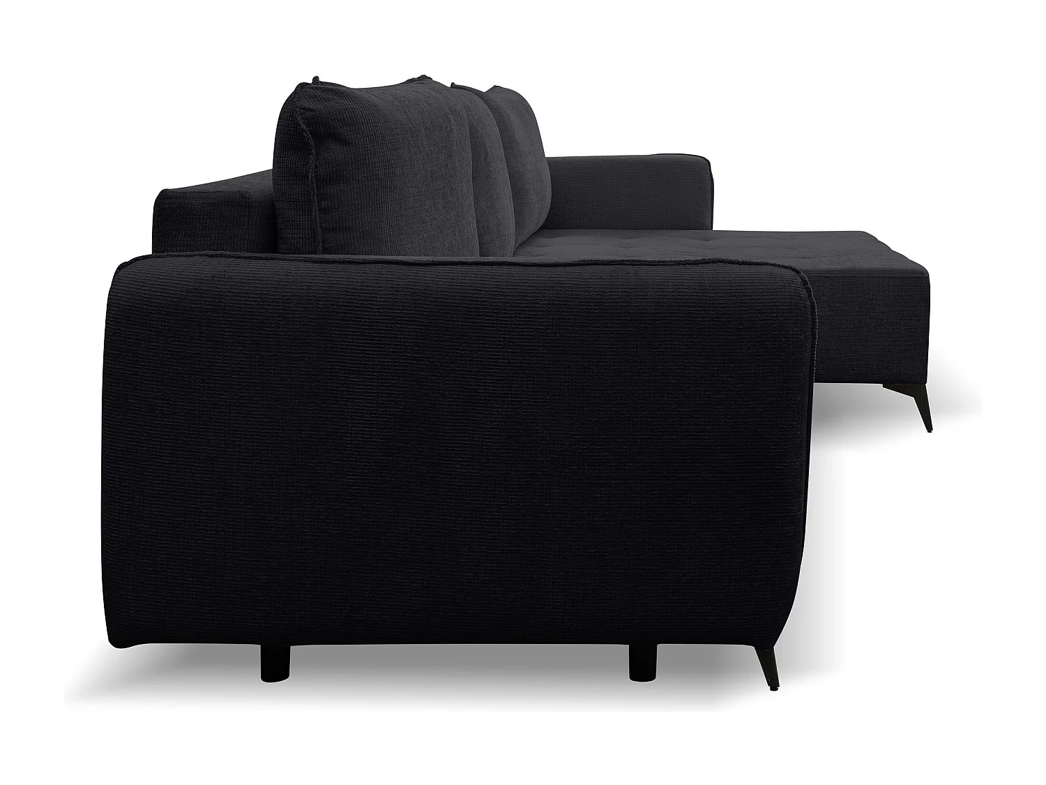Canapé d'angle Lucky avec fonction couchage et coffre de rangement, couleur : noir, tissu structuré, pouf à gauche ou à droite