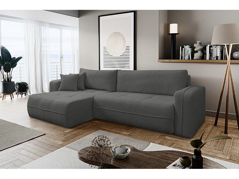 Canapé d'angle Cloud avec fonction couchage et coffre de rangement, couleur : gris, tissu bouclé, pouf universel