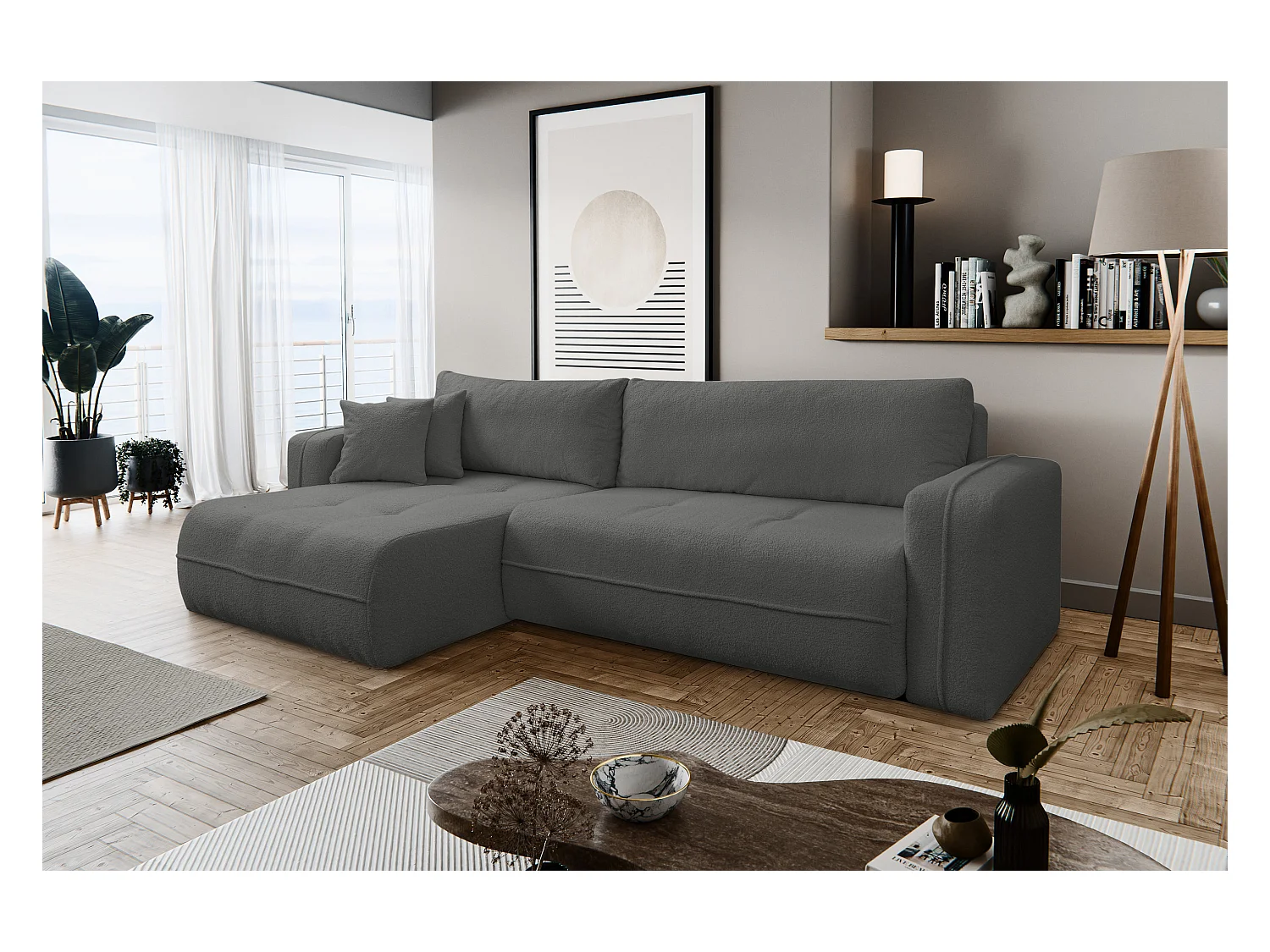 Canapé d'angle Cloud avec fonction couchage et coffre de rangement, couleur : gris, tissu bouclé, pouf universel