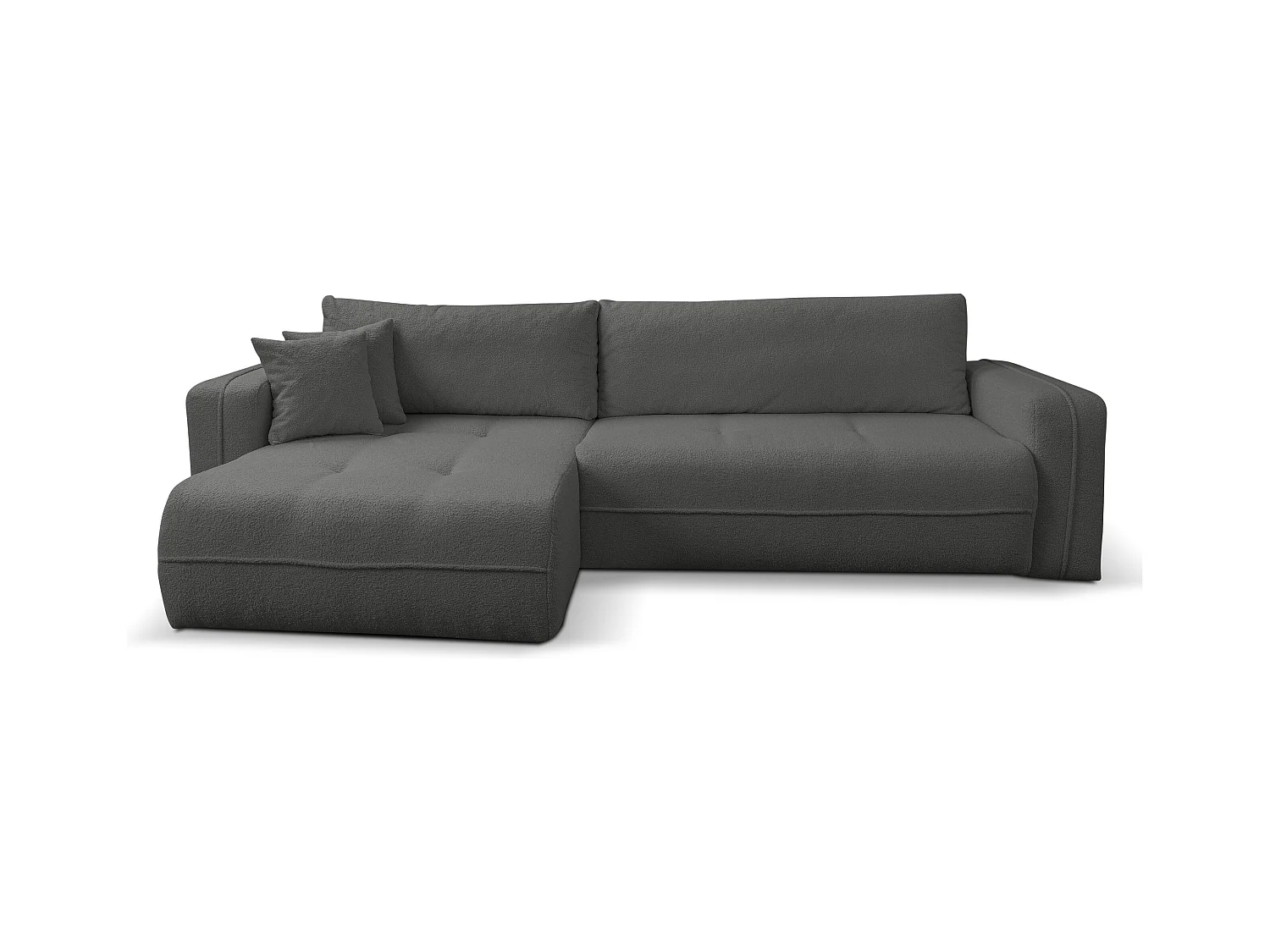 Canapé d'angle Cloud avec fonction couchage et coffre de rangement, couleur : gris, tissu bouclé, pouf universel