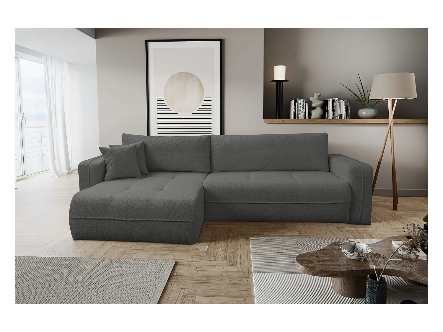 Canapé d'angle Cloud avec fonction couchage et coffre de rangement, couleur : gris, tissu bouclé, pouf universel