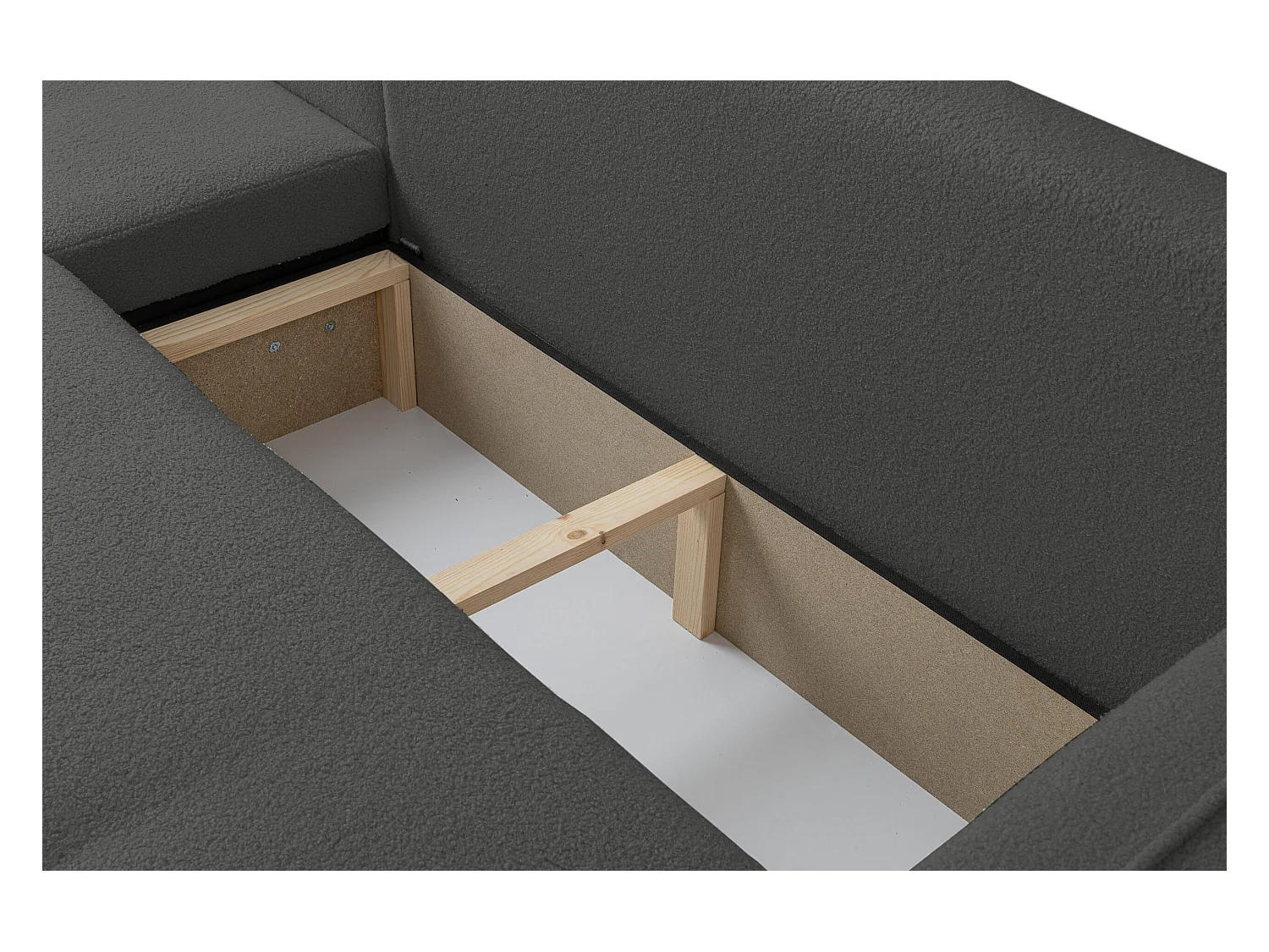 Canapé d'angle Cloud avec fonction couchage et coffre de rangement, couleur : gris, tissu bouclé, pouf universel