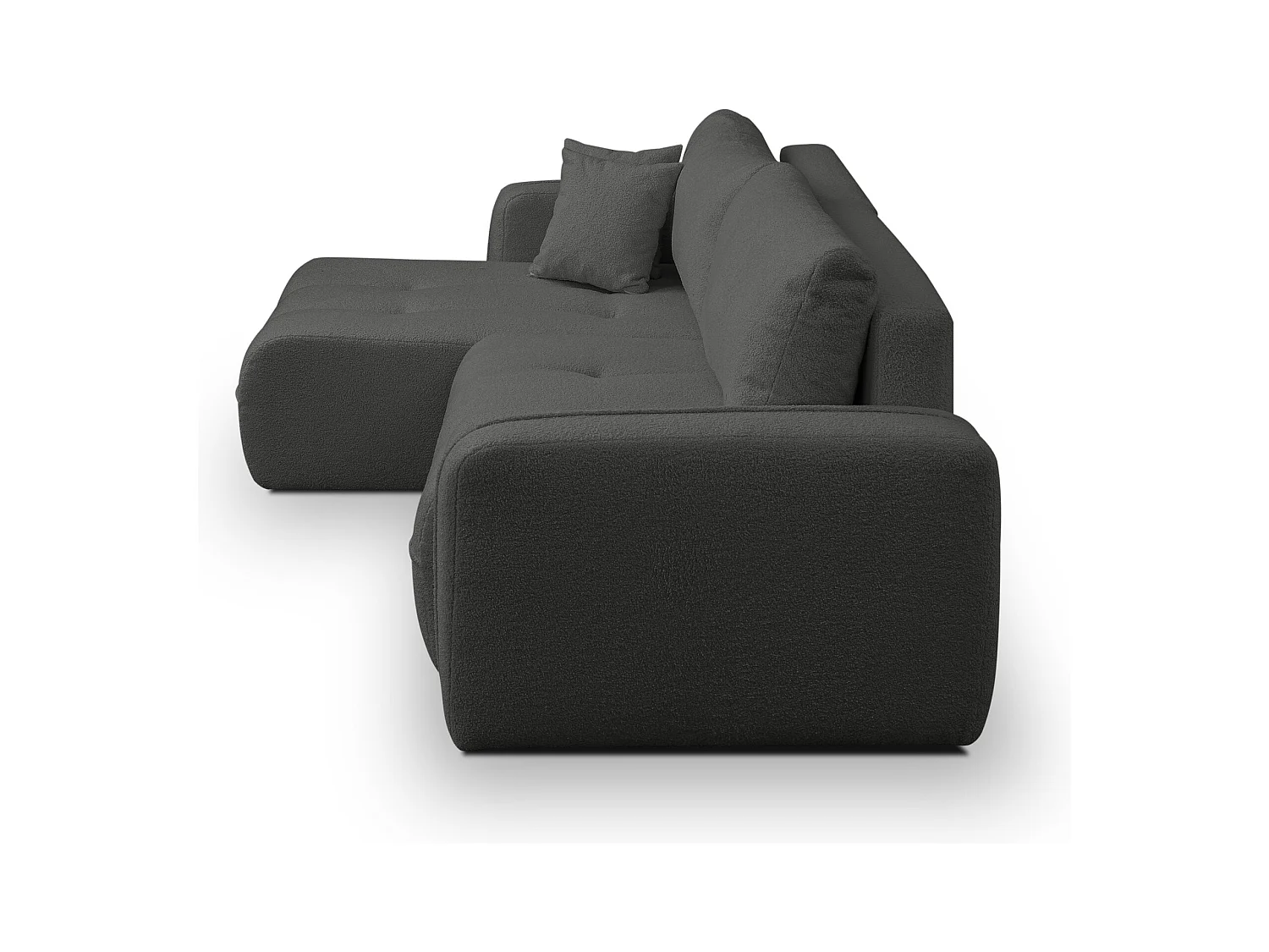 Canapé d'angle Cloud avec fonction couchage et coffre de rangement, couleur : gris, tissu bouclé, pouf universel