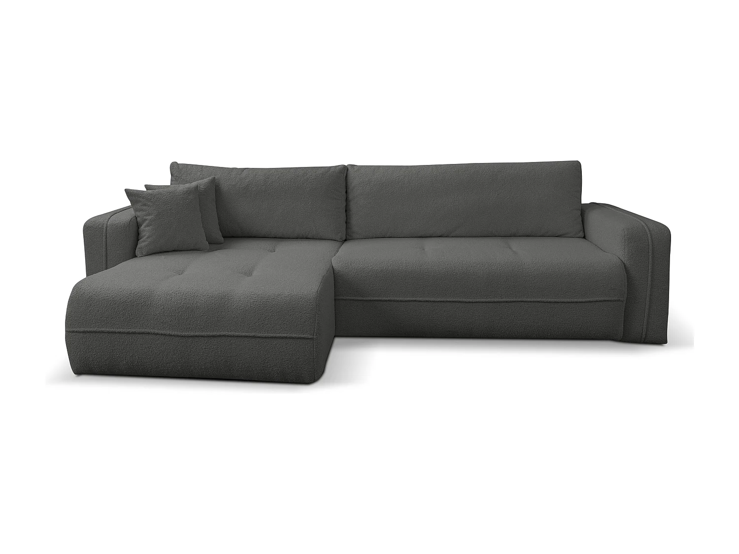 Canapé d'angle Cloud avec fonction couchage et coffre de rangement, couleur : gris, tissu bouclé, pouf universel