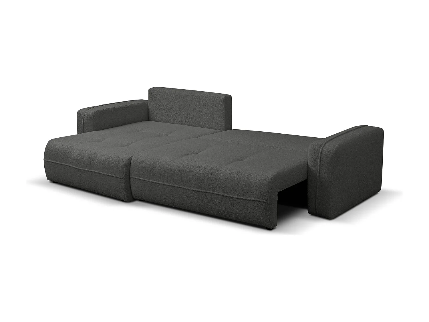 Canapé d'angle Cloud avec fonction couchage et coffre de rangement, couleur : gris, tissu bouclé, pouf universel