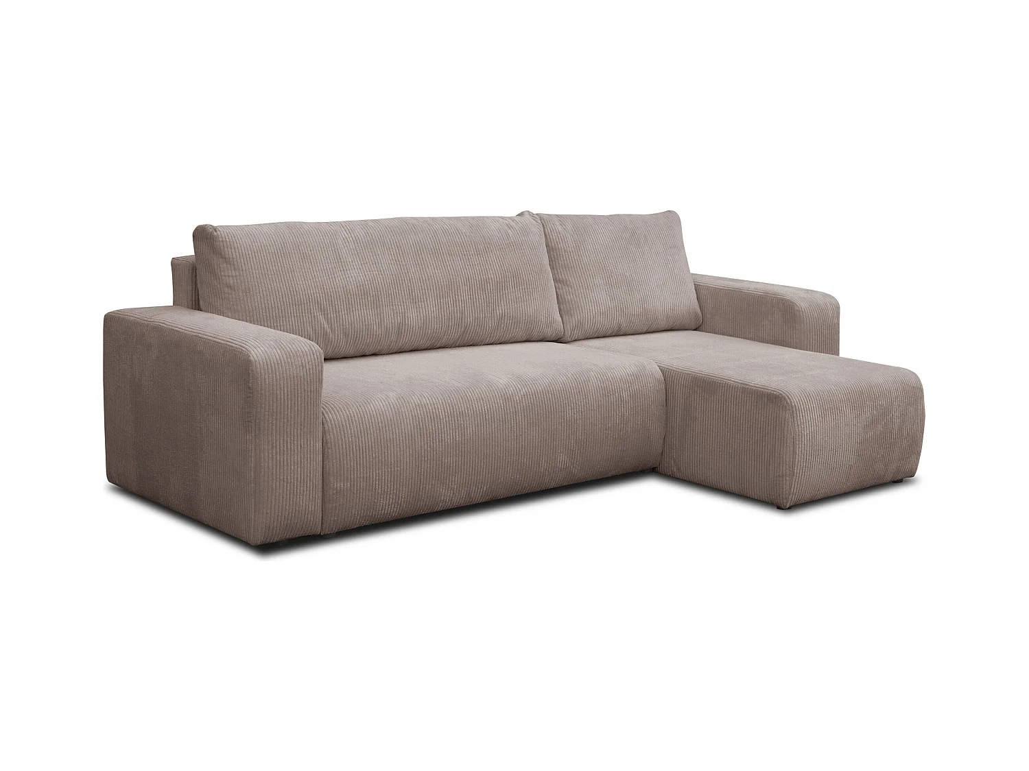 Canapé d'angle Luna L avec fonction couchage et coffre de rangement, couleur : marron clair, tissu cordé, pouf universel