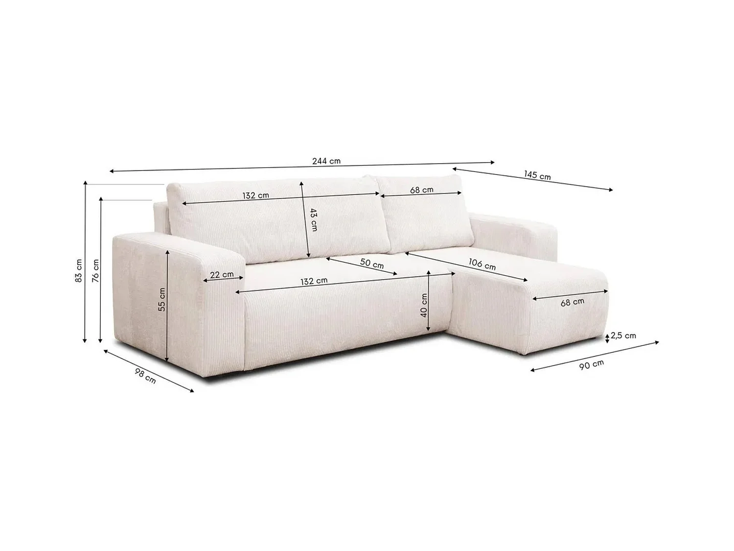 Canapé d'angle Luna L avec fonction couchage et coffre de rangement, couleur : marron clair, tissu cordé, pouf universel