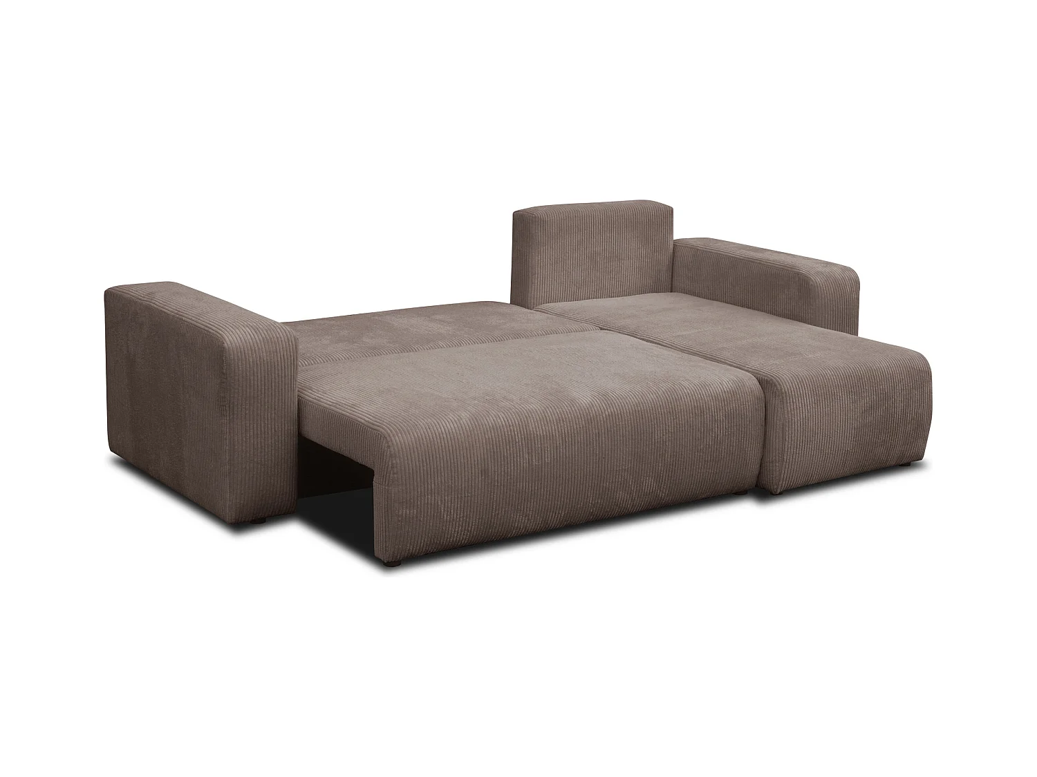 Canapé d'angle Luna L avec fonction couchage et coffre de rangement, couleur : marron clair, tissu cordé, pouf universel