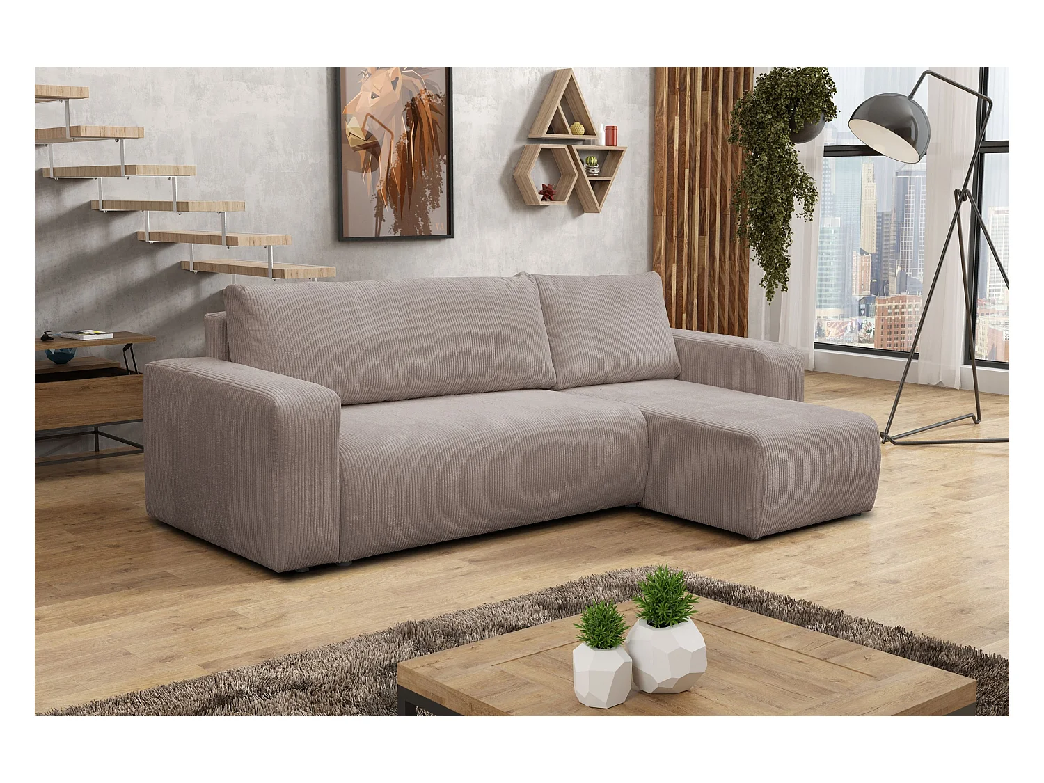 Hoekbank Luna L, hoekbank in L-vorm met slaapfunctie en bedbak, kleur: lichtbruin, corduroy, universele ottomane