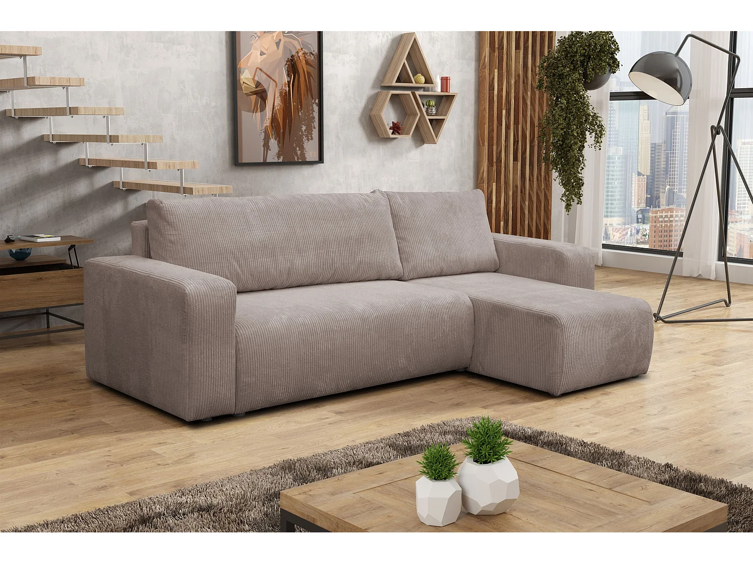 Canapé d'angle Luna L avec fonction couchage et coffre de rangement, couleur : marron clair, tissu cordé, pouf universel