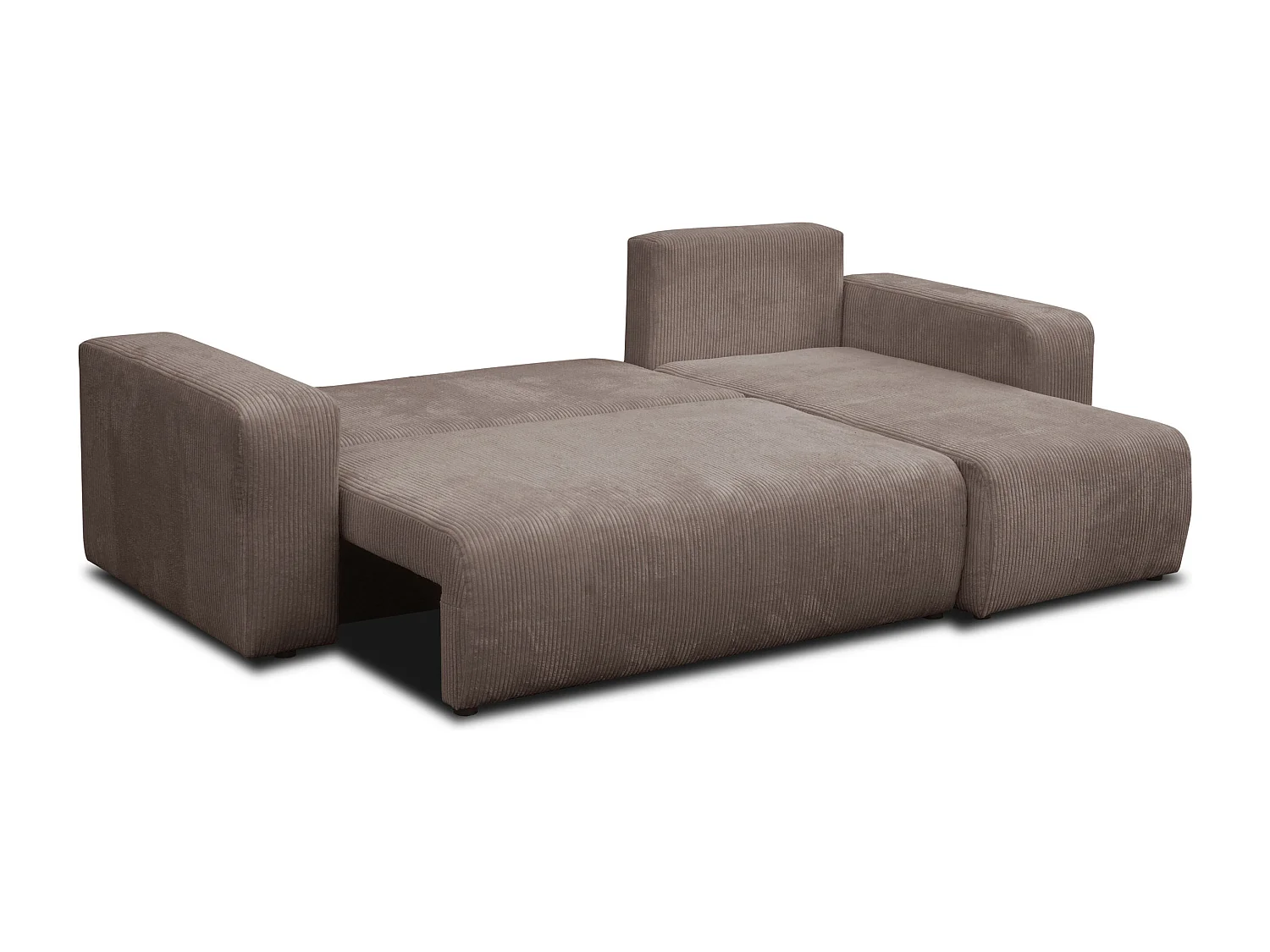 Canapé d'angle Luna L avec fonction couchage et coffre de rangement, couleur : marron clair, tissu cordé, pouf universel