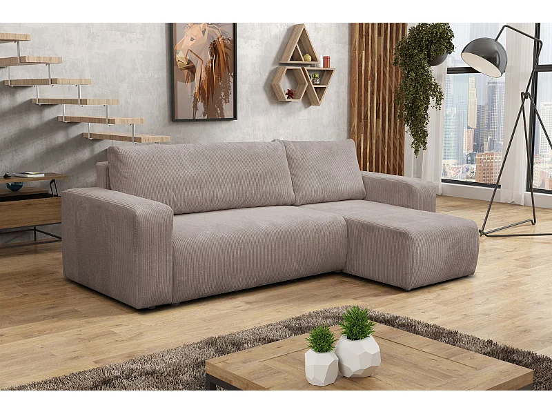 Canapé d'angle Luna L avec fonction couchage et coffre de rangement, couleur : marron clair, tissu cordé, pouf universel