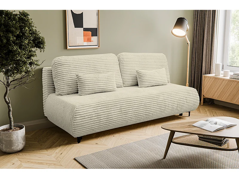 Canapé-lit Etna, canapé avec fonction couchage et coffre de rangement, couleur : beige, tissu cordé, pouf universel