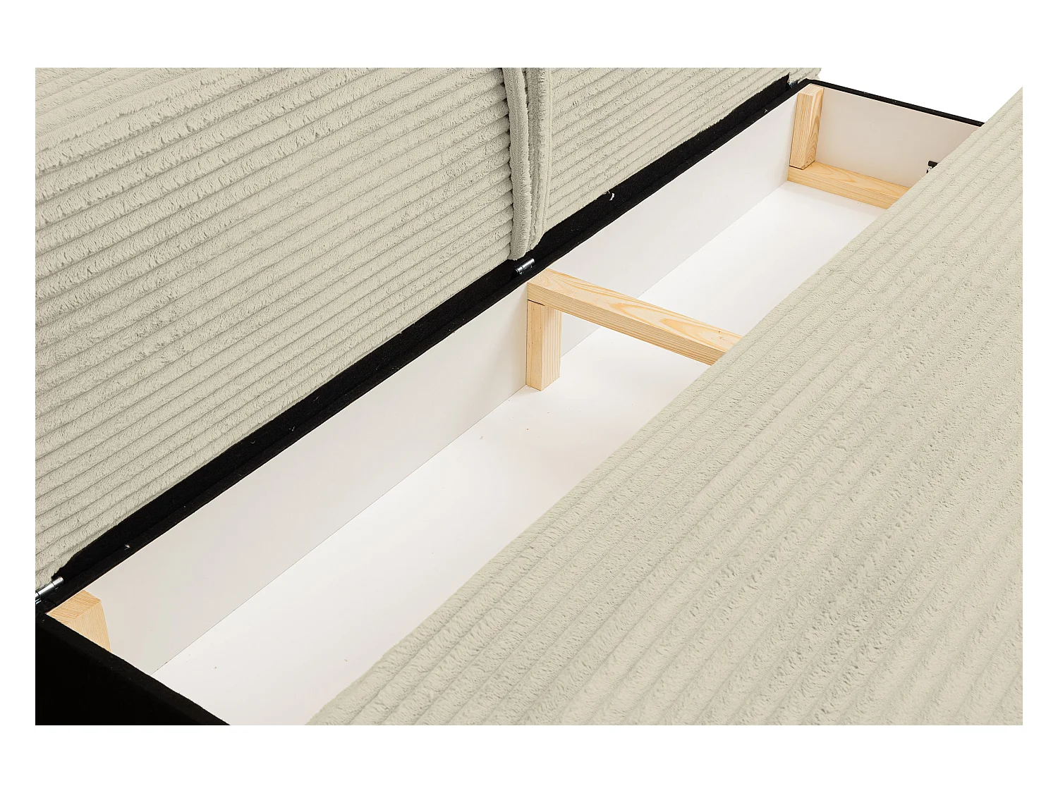 Canapé-lit Etna, canapé avec fonction couchage et coffre de rangement, couleur : beige, tissu cordé, pouf universel