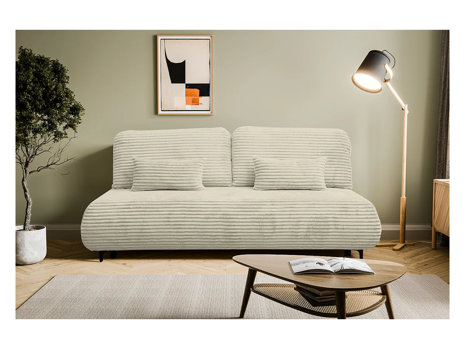 Canapé-lit Etna, canapé avec fonction couchage et coffre de rangement, couleur : beige, tissu cordé, pouf universel