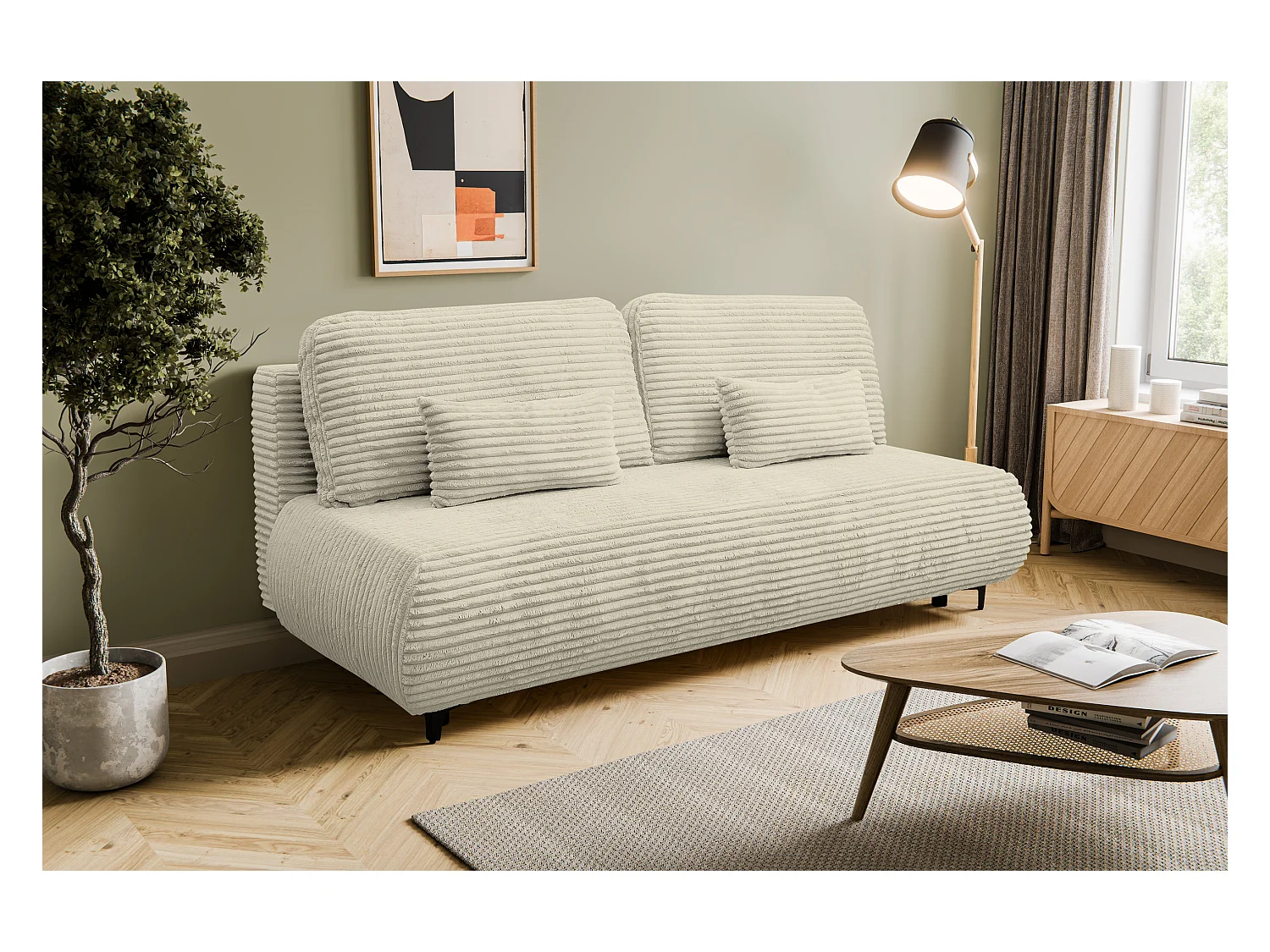 Canapé-lit Etna, canapé avec fonction couchage et coffre de rangement, couleur : beige, tissu cordé, pouf universel
