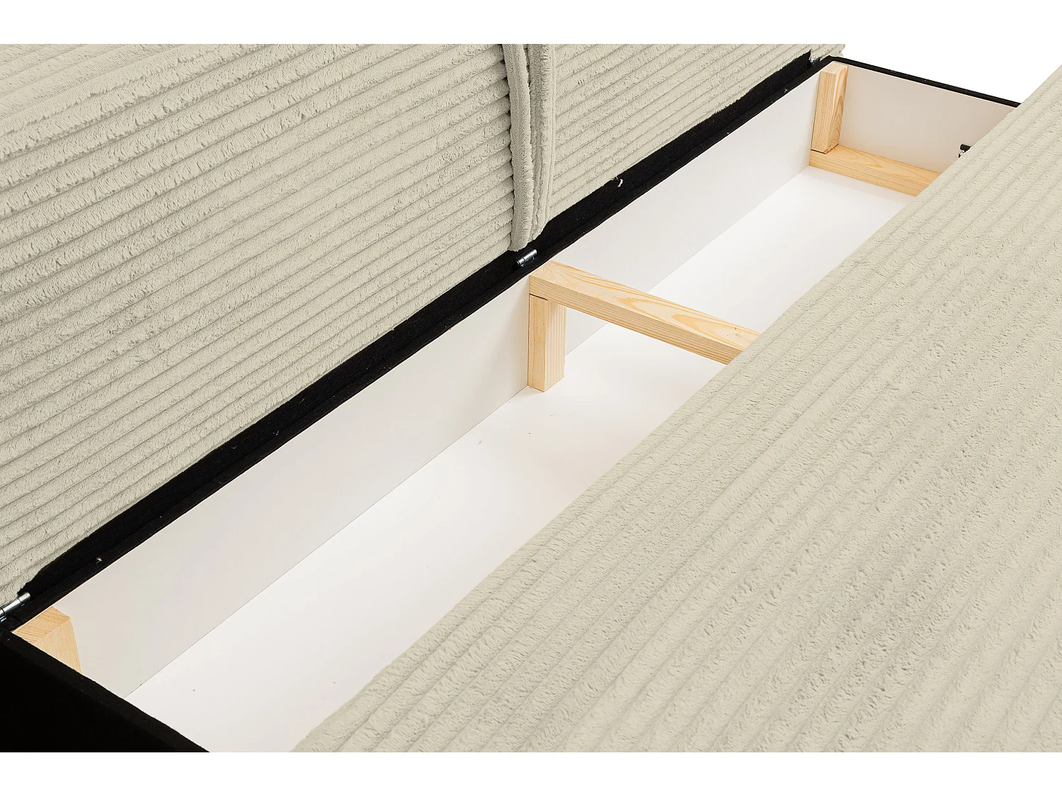 Canapé-lit Etna, canapé avec fonction couchage et coffre de rangement, couleur : beige, tissu cordé, pouf universel