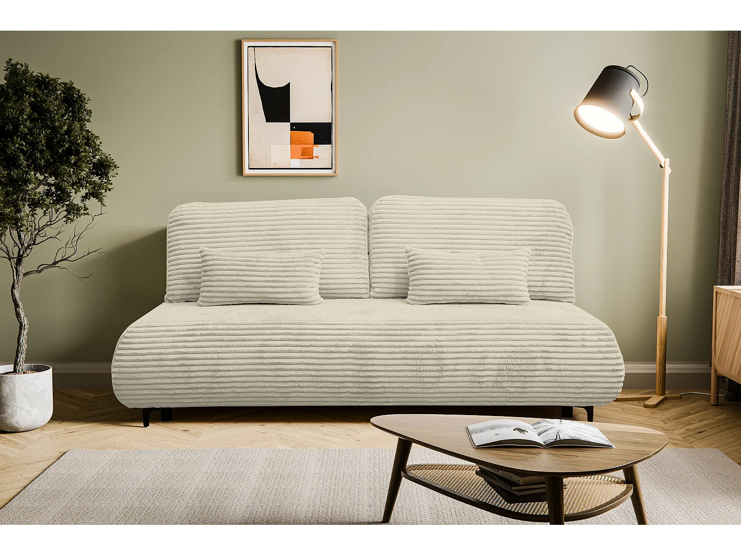 Canapé-lit Etna, canapé avec fonction couchage et coffre de rangement, couleur : beige, tissu cordé, pouf universel