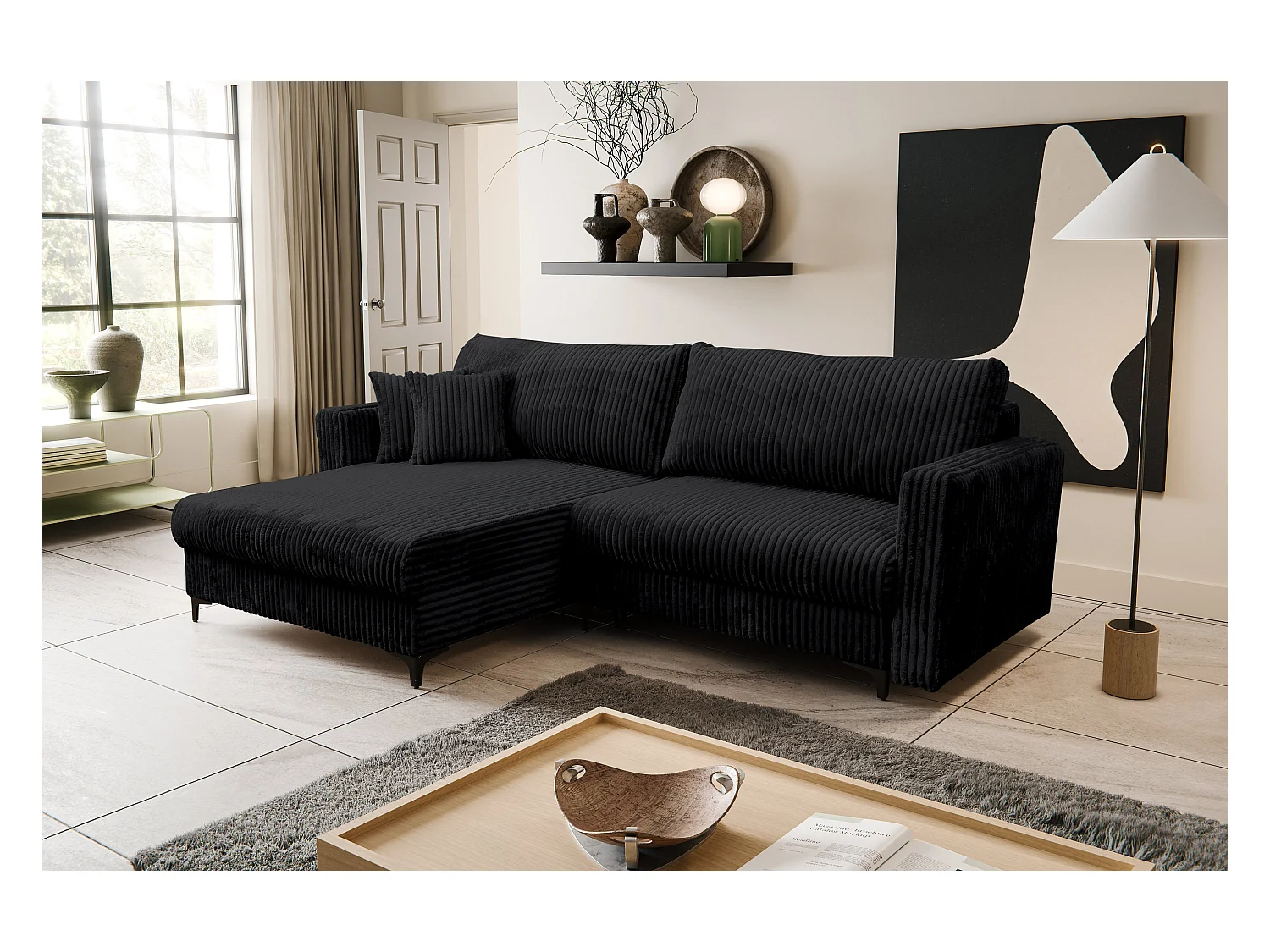 Canapé d'angle Como avec fonction couchage et coffre de rangement, couleur : noir, tissu cordé, pouf à gauche