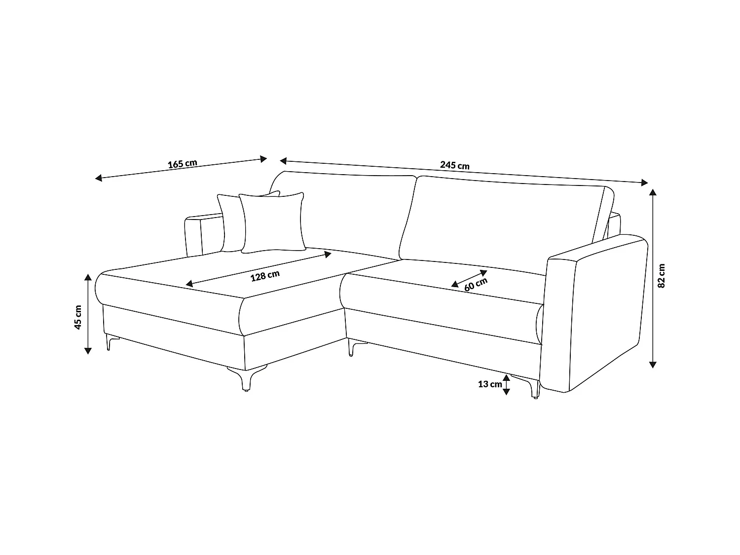 Canapé d'angle Como avec fonction couchage et coffre de rangement, couleur : noir, tissu cordé, pouf à gauche