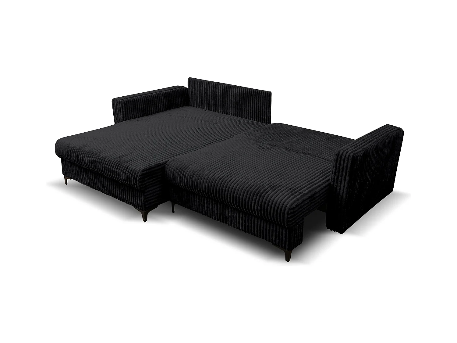 Canapé d'angle Como avec fonction couchage et coffre de rangement, couleur : noir, tissu cordé, pouf à gauche