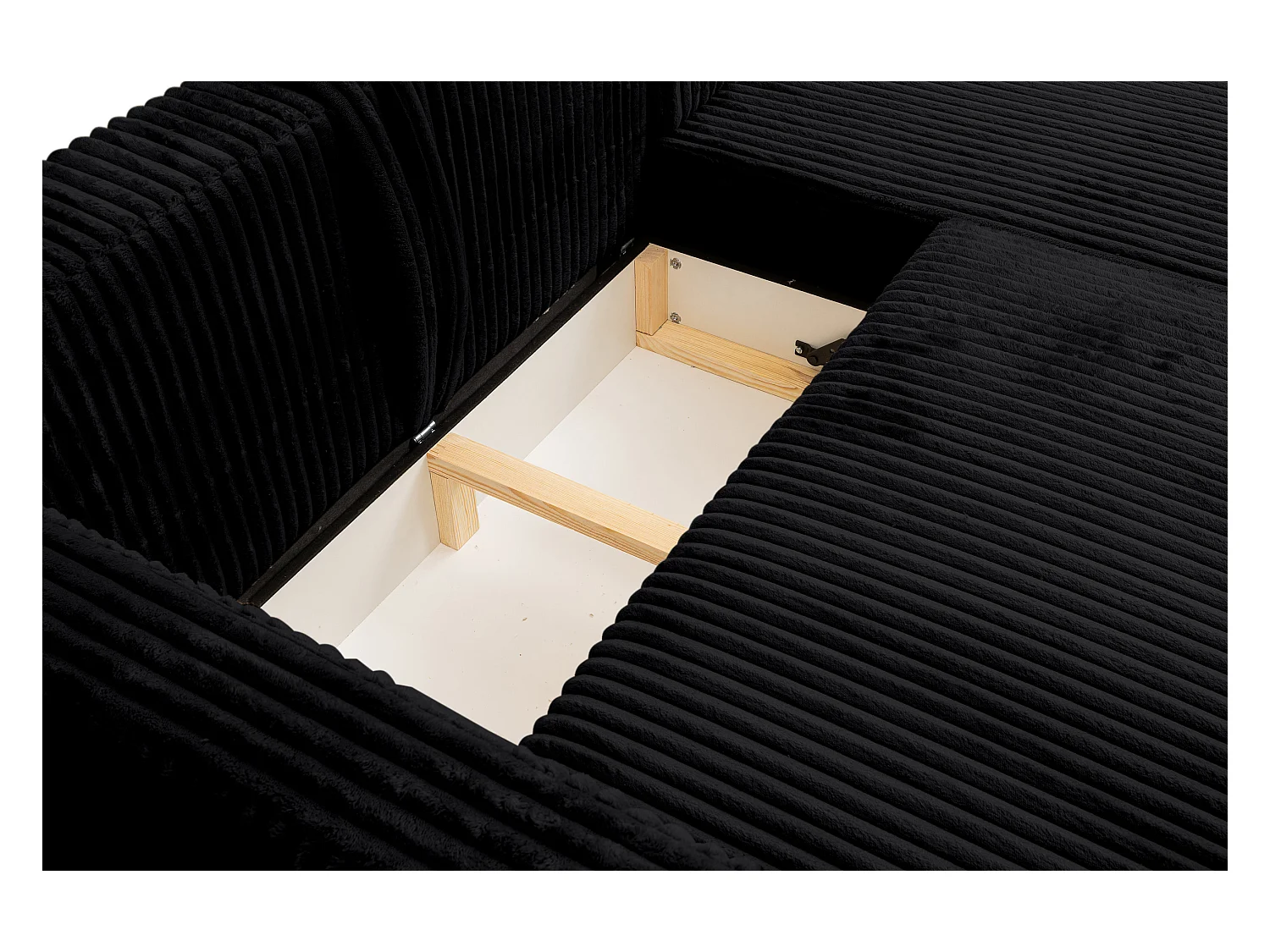 Canapé d'angle Como avec fonction couchage et coffre de rangement, couleur : noir, tissu cordé, pouf à gauche