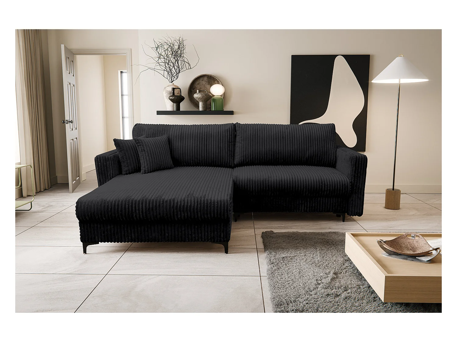 Canapé d'angle Como avec fonction couchage et coffre de rangement, couleur : noir, tissu cordé, pouf à gauche