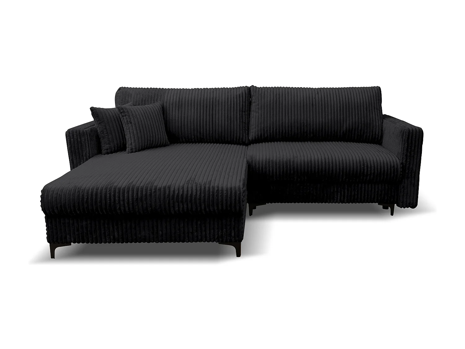 Canapé d'angle Como avec fonction couchage et coffre de rangement, couleur : noir, tissu cordé, pouf à gauche