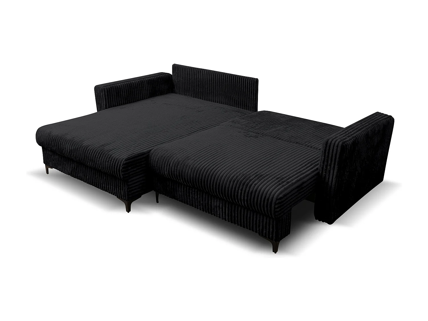 Canapé d'angle Como avec fonction couchage et coffre de rangement, couleur : noir, tissu cordé, pouf à gauche