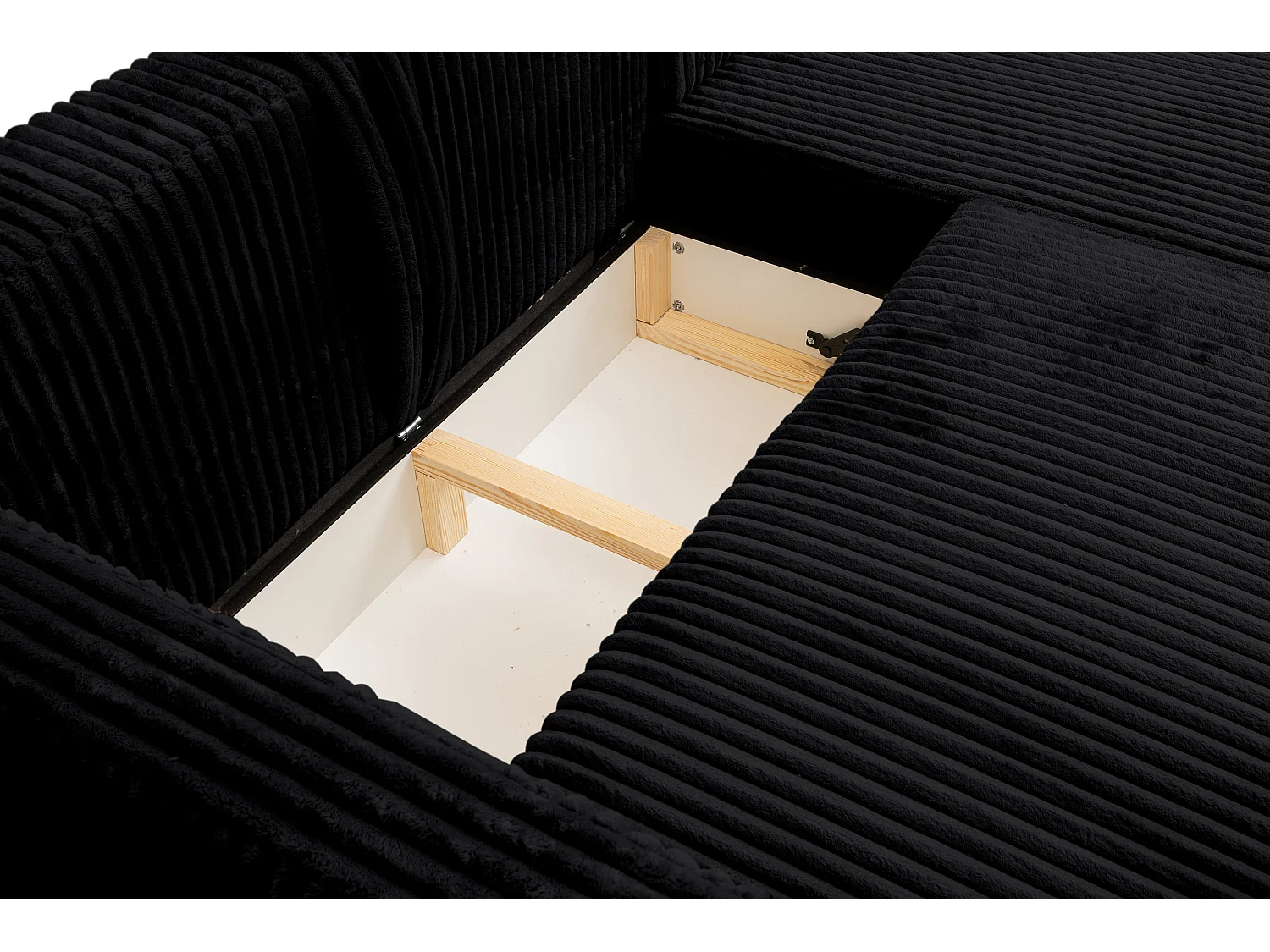 Canapé d'angle Como avec fonction couchage et coffre de rangement, couleur : noir, tissu cordé, pouf à gauche