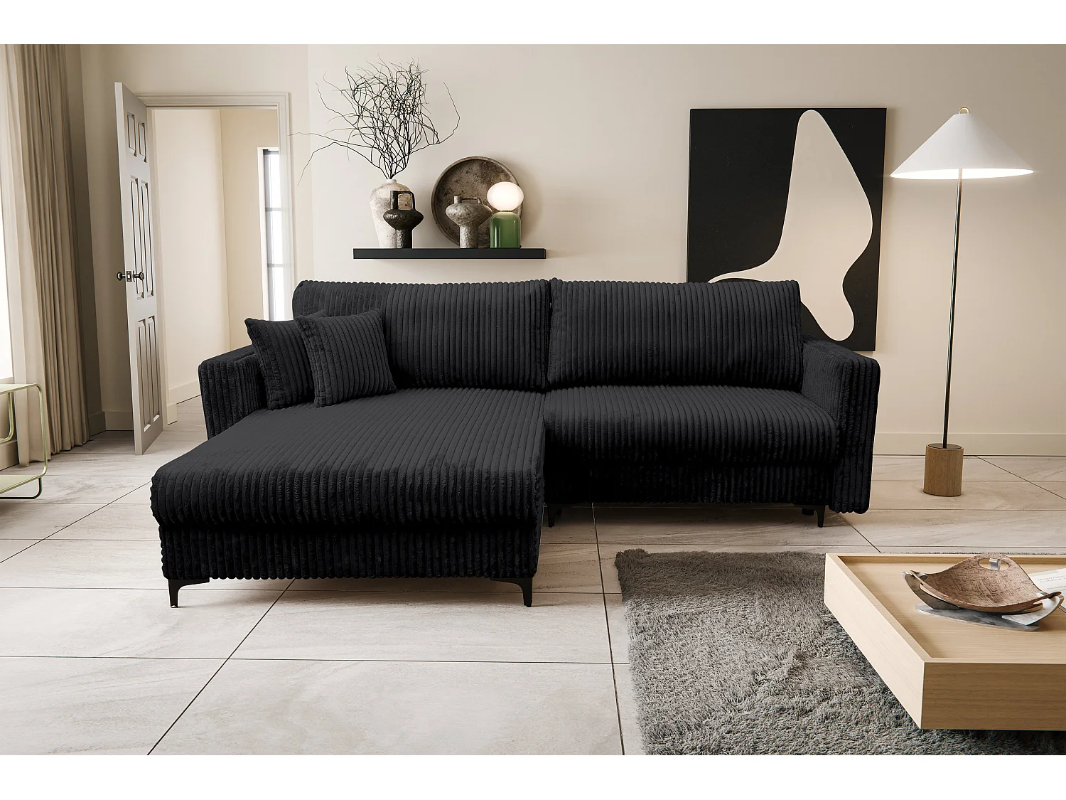 Canapé d'angle Como avec fonction couchage et coffre de rangement, couleur : noir, tissu cordé, pouf à gauche