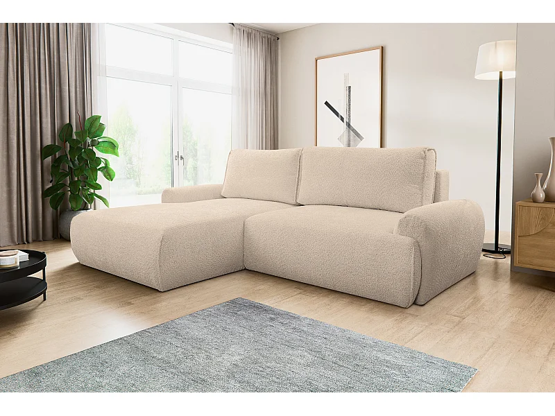 Ecksofa Moon, Eckcouch in L-Form mit Schlaffunktion und Bettkasten, Farbe: Hellbraun, Bouclé-Stoff, Ottomane Links