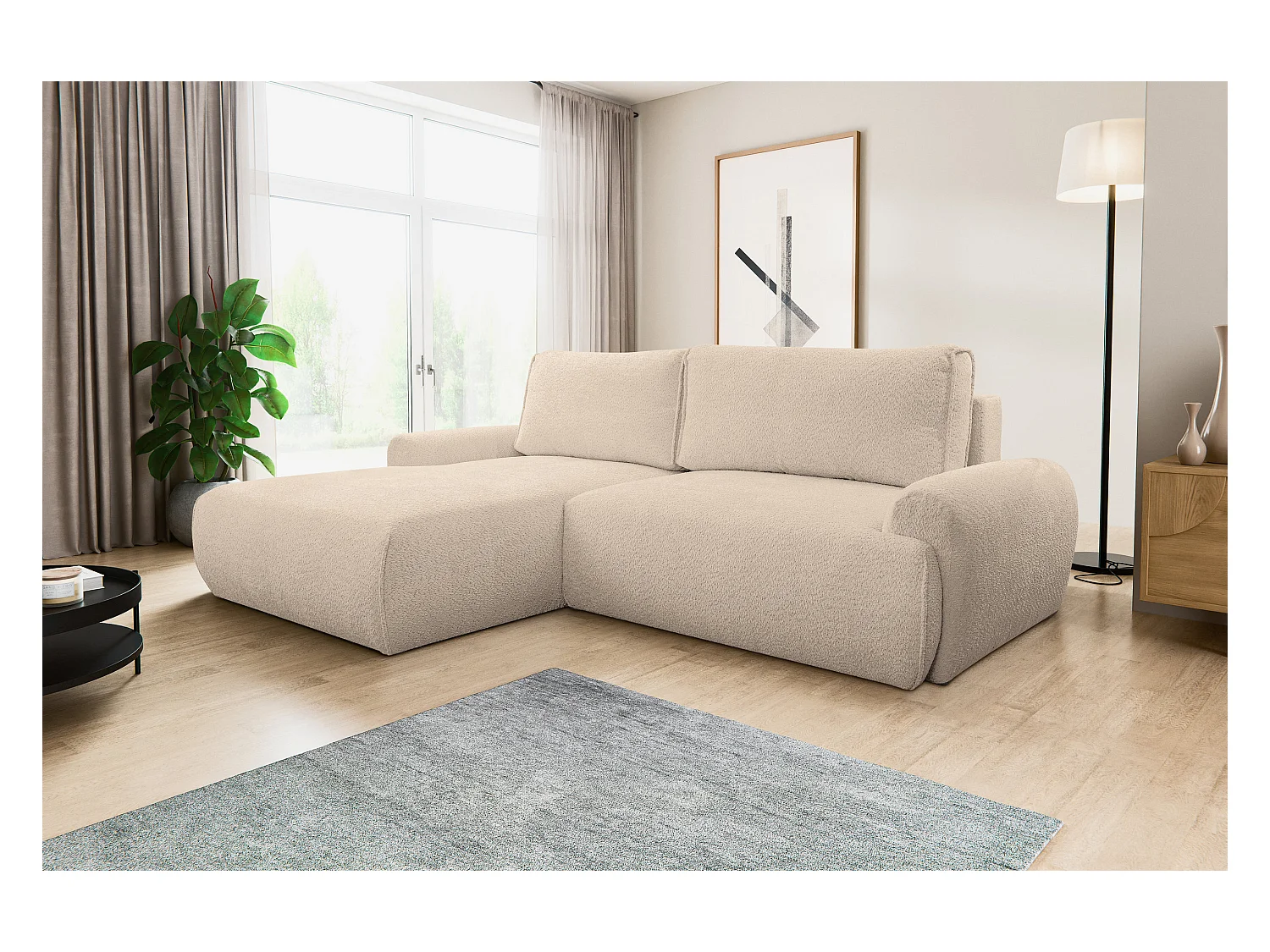 Canapé d'angle Moon avec fonction couchage et coffre de rangement, couleur : marron clair, tissu bouclé, pouf à gauche