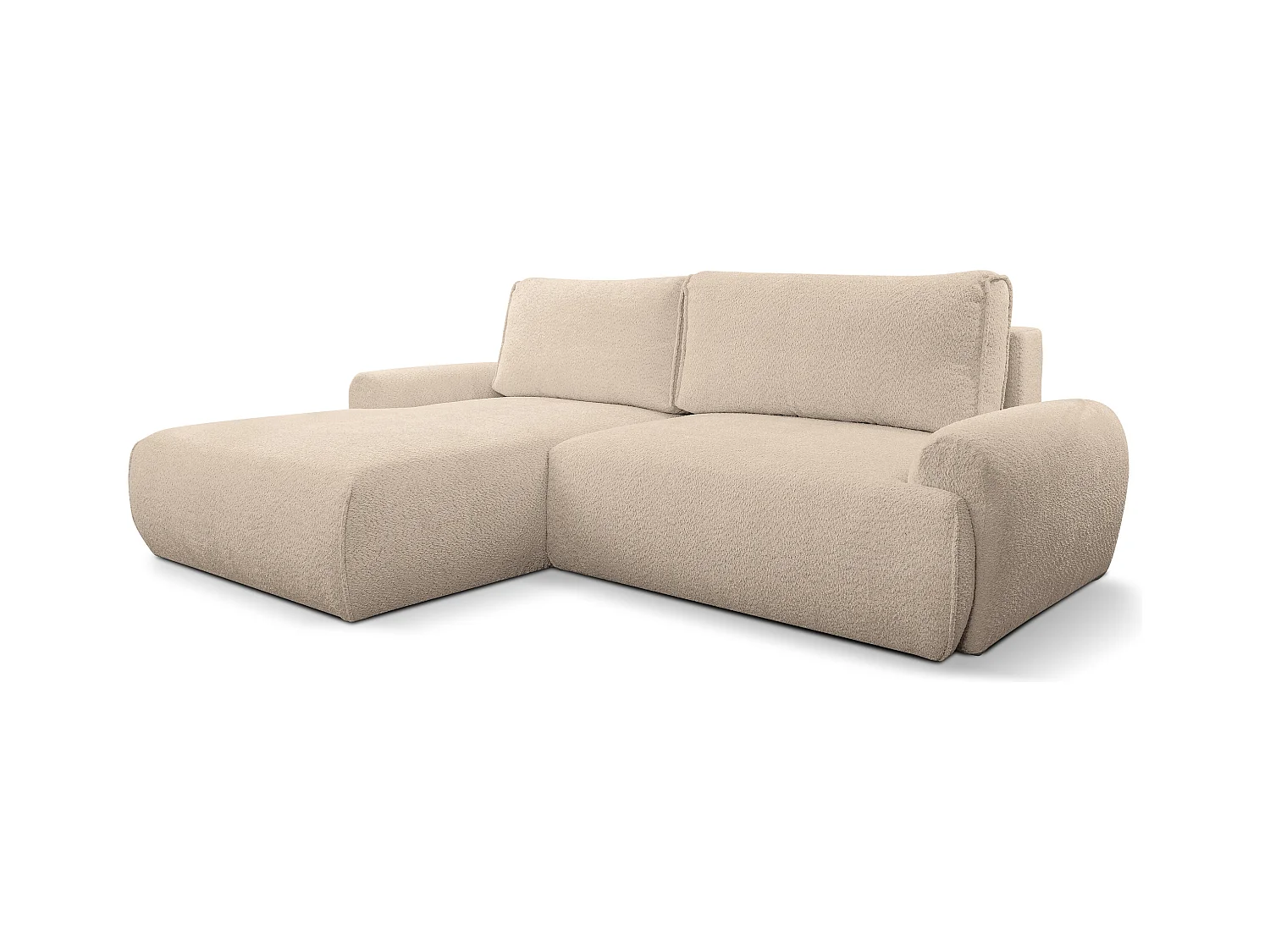 Canapé d'angle Moon avec fonction couchage et coffre de rangement, couleur : marron clair, tissu bouclé, pouf à gauche