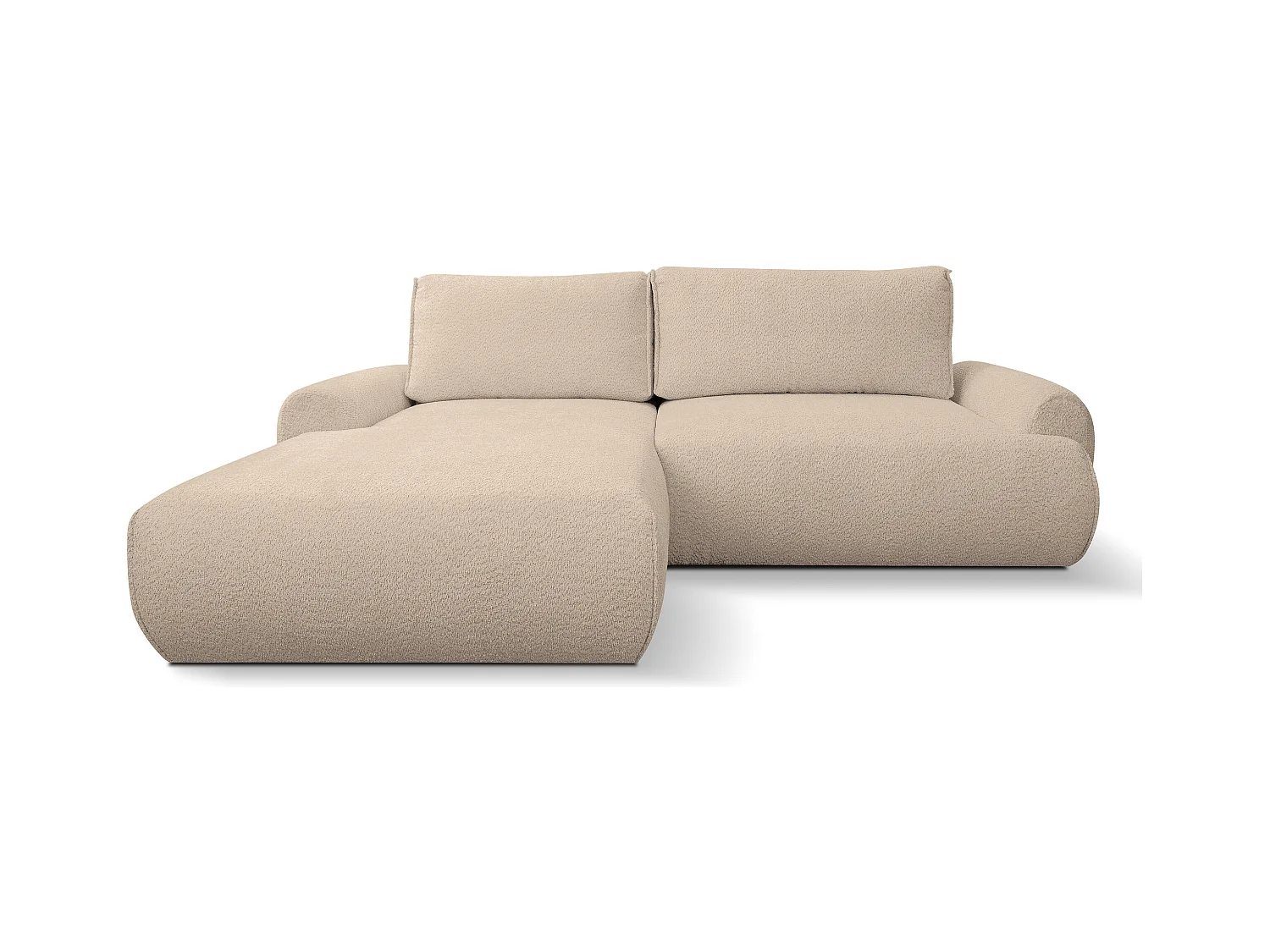 Canapé d'angle Moon avec fonction couchage et coffre de rangement, couleur : marron clair, tissu bouclé, pouf à gauche