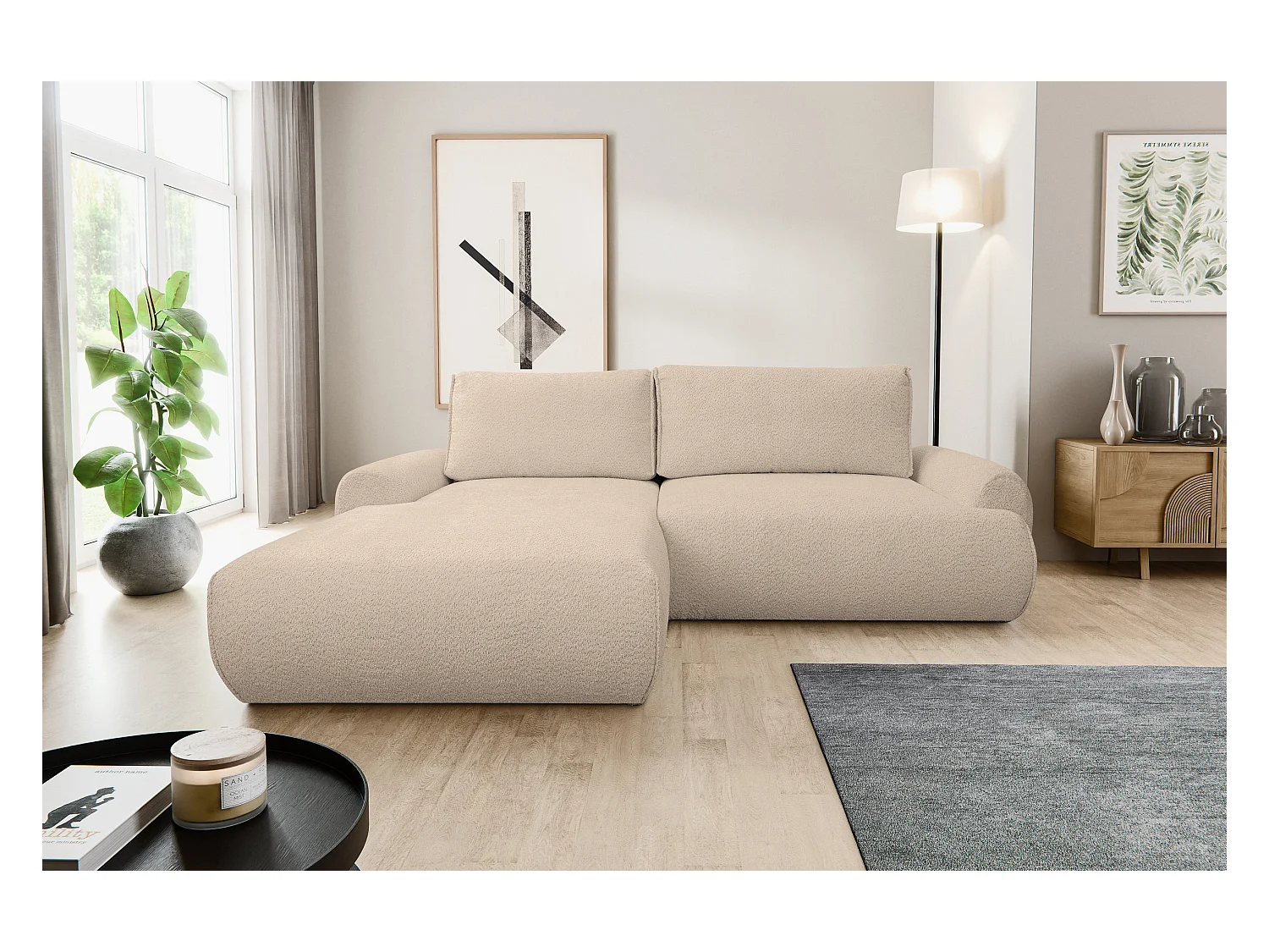 Canapé d'angle Moon avec fonction couchage et coffre de rangement, couleur : marron clair, tissu bouclé, pouf à gauche