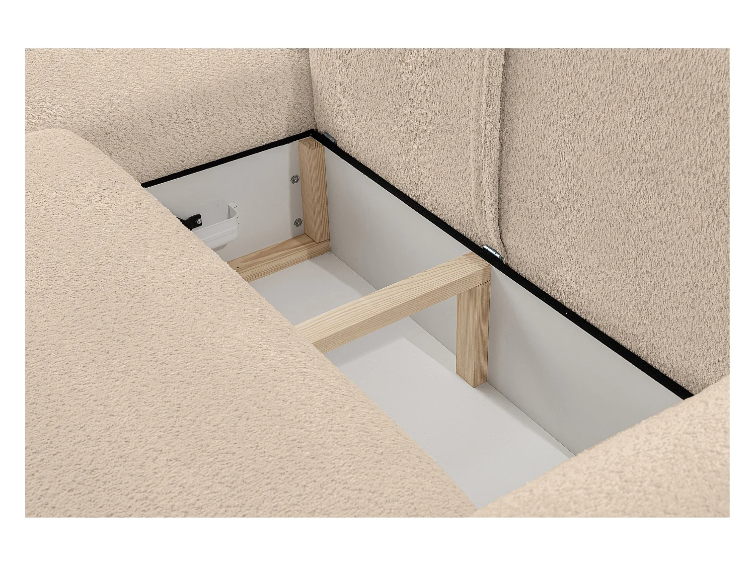 Canapé d'angle Moon avec fonction couchage et coffre de rangement, couleur : marron clair, tissu bouclé, pouf à gauche