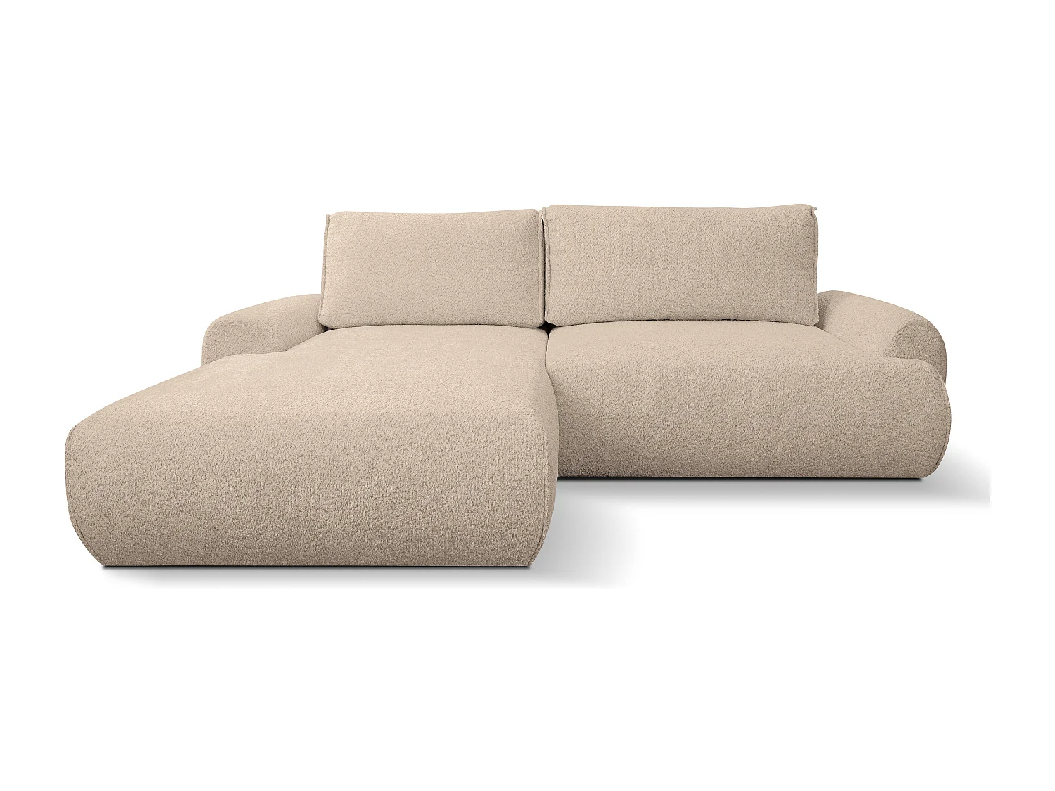 Canapé d'angle Moon avec fonction couchage et coffre de rangement, couleur : marron clair, tissu bouclé, pouf à gauche