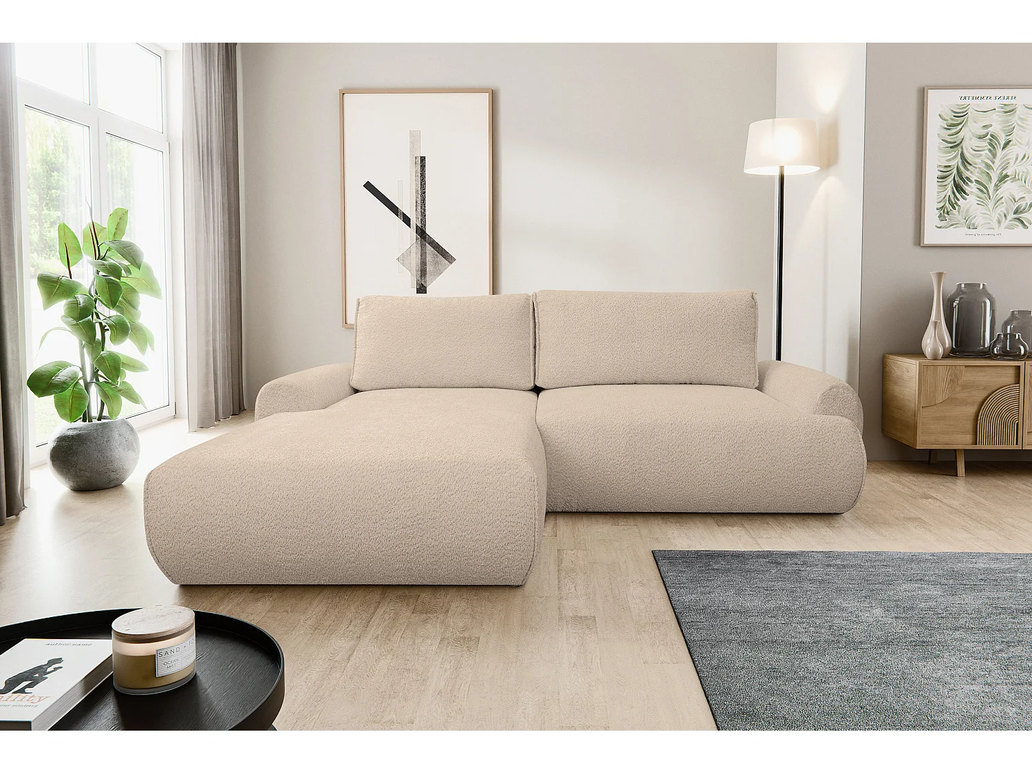 Canapé d'angle Moon avec fonction couchage et coffre de rangement, couleur : marron clair, tissu bouclé, pouf à gauche