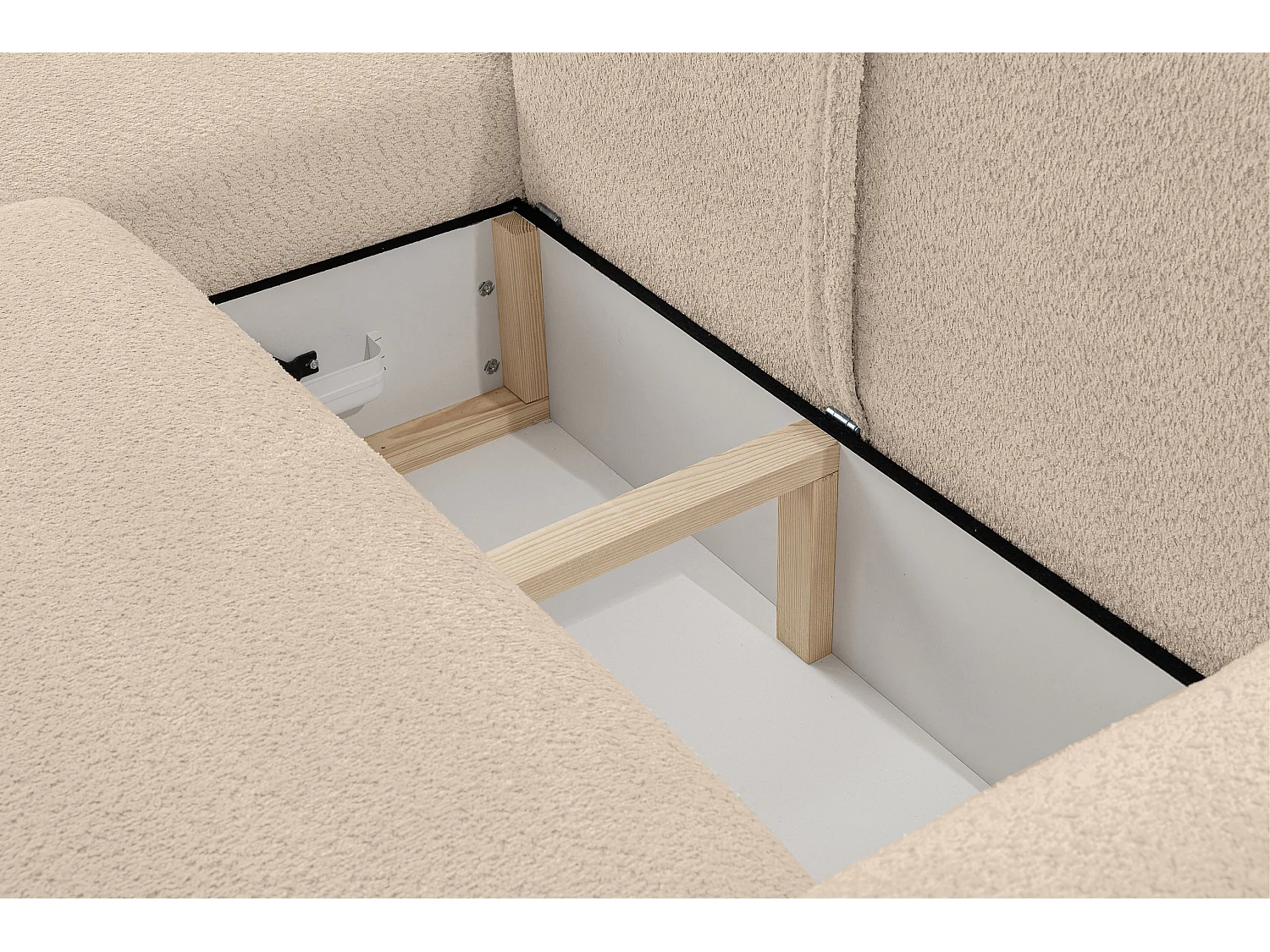 Canapé d'angle Moon avec fonction couchage et coffre de rangement, couleur : marron clair, tissu bouclé, pouf à gauche