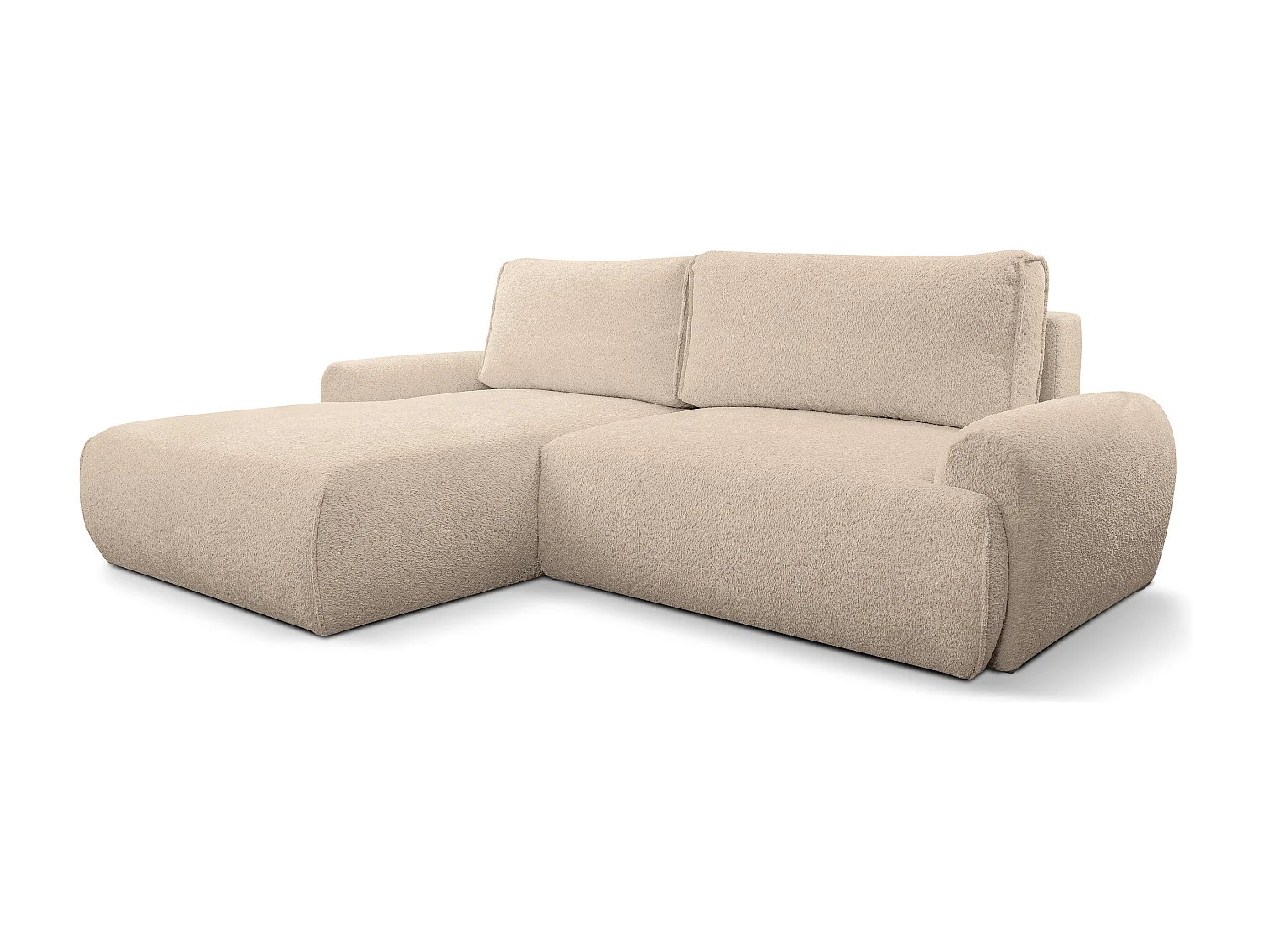 Canapé d'angle Moon avec fonction couchage et coffre de rangement, couleur : marron clair, tissu bouclé, pouf à gauche