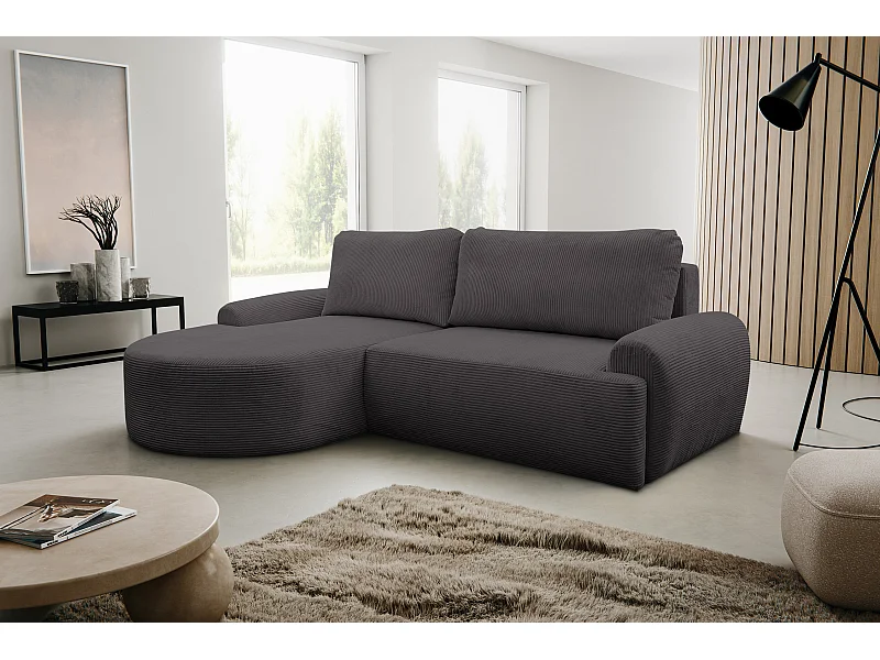 Canapé d'angle Dream Cord avec fonction couchage et coffre de rangement, couleur : gris, tissu velours côtelé, pouf à gauche