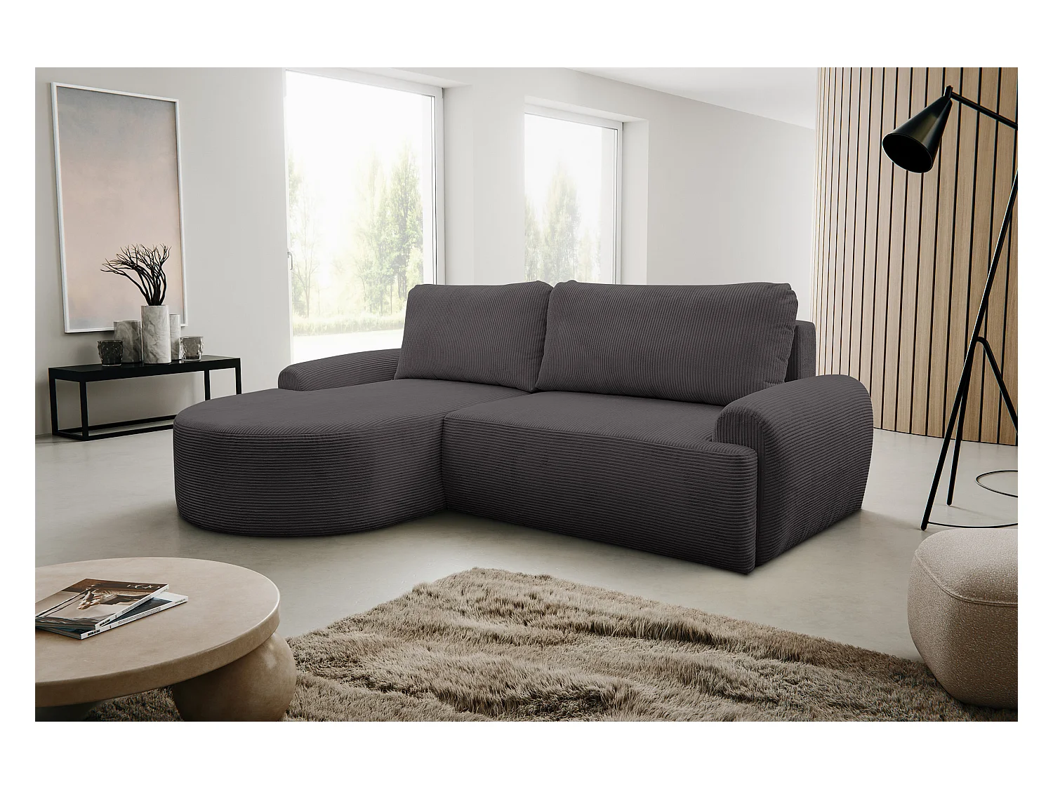 Canapé d'angle Dream Cord avec fonction couchage et coffre de rangement, couleur : gris, tissu velours côtelé, pouf à gauche