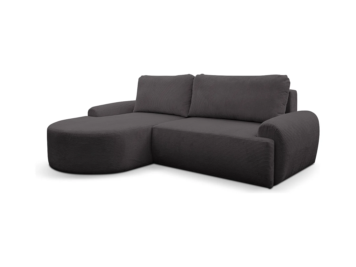 Canapé d'angle Dream Cord avec fonction couchage et coffre de rangement, couleur : gris, tissu velours côtelé, pouf à gauche