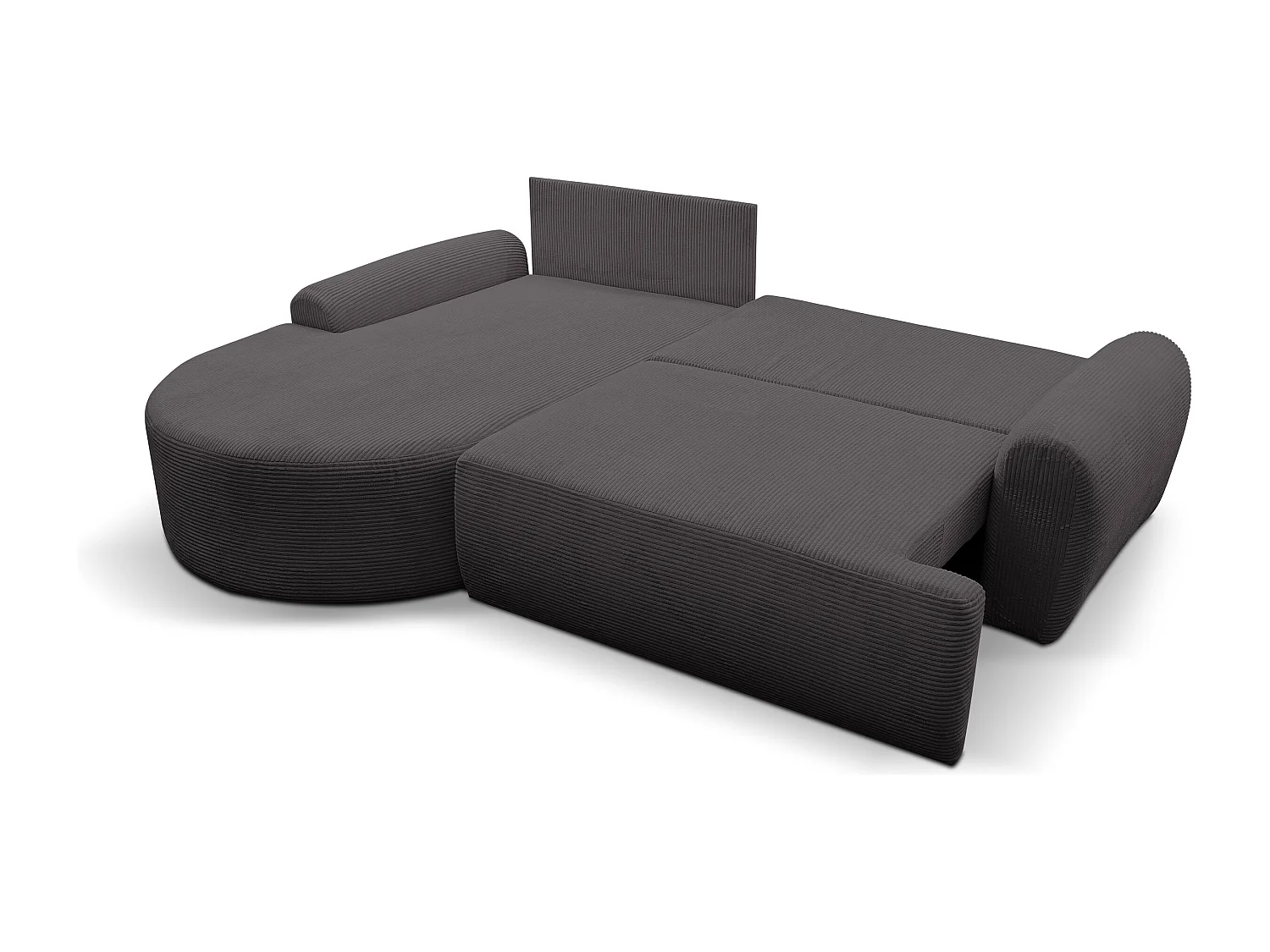 Canapé d'angle Dream Cord avec fonction couchage et coffre de rangement, couleur : gris, tissu velours côtelé, pouf à gauche