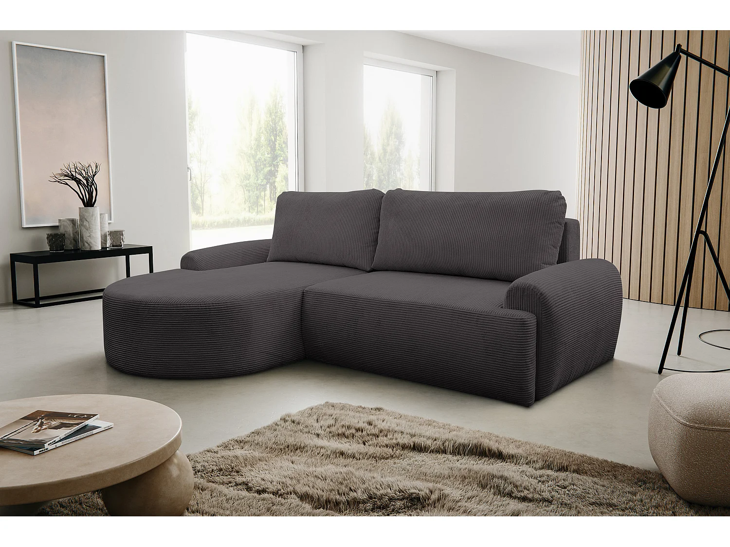 Canapé d'angle Dream Cord avec fonction couchage et coffre de rangement, couleur : gris, tissu velours côtelé, pouf à gauche