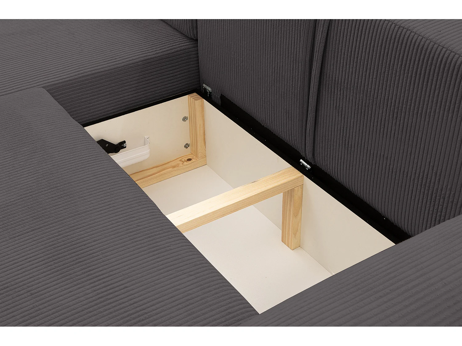 Canapé d'angle Dream Cord avec fonction couchage et coffre de rangement, couleur : gris, tissu velours côtelé, pouf à gauche