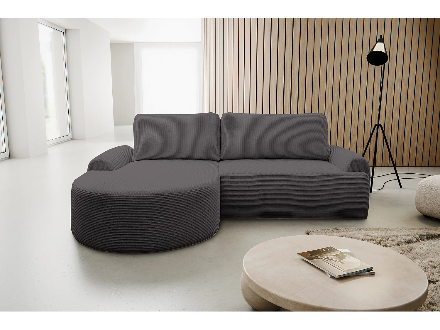 Canapé d'angle Dream Cord avec fonction couchage et coffre de rangement, couleur : gris, tissu velours côtelé, pouf à gauche