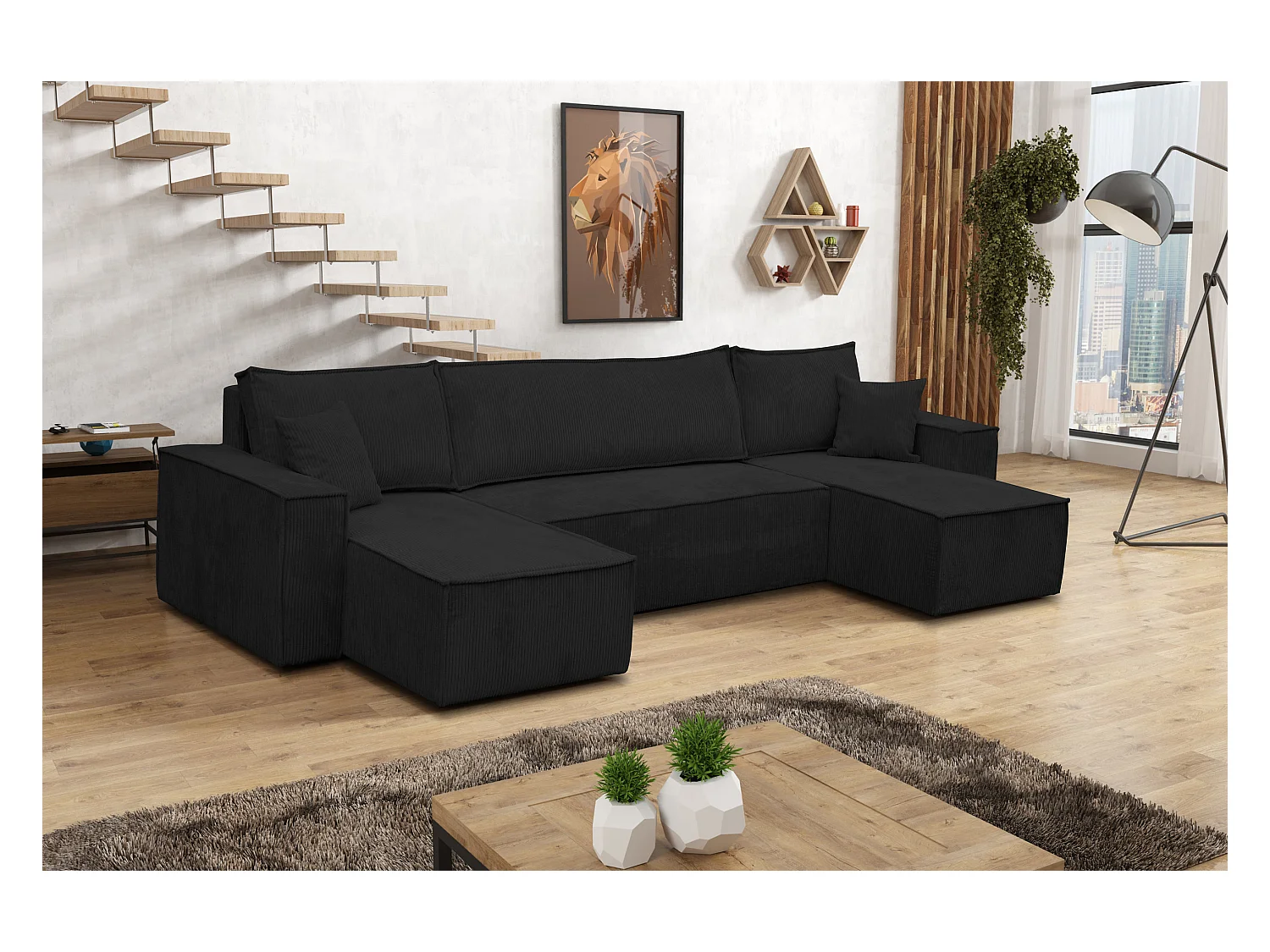 Ensemble de salon Hugo U, canapé en U avec fonction couchage et coffre de rangement, couleur : noir, tissu cordé